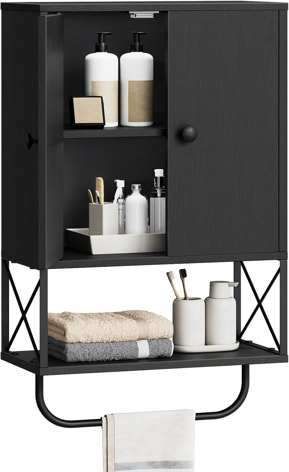 Bathroom Wall Cabinet with 2 Door and Adjustable Shelf, Farmhouse Medicine Cabinet with Towel Rack, 3-Tier Wall Mounted Storage Cabinet over the Toilet for Bathroom Laundry Room, Black