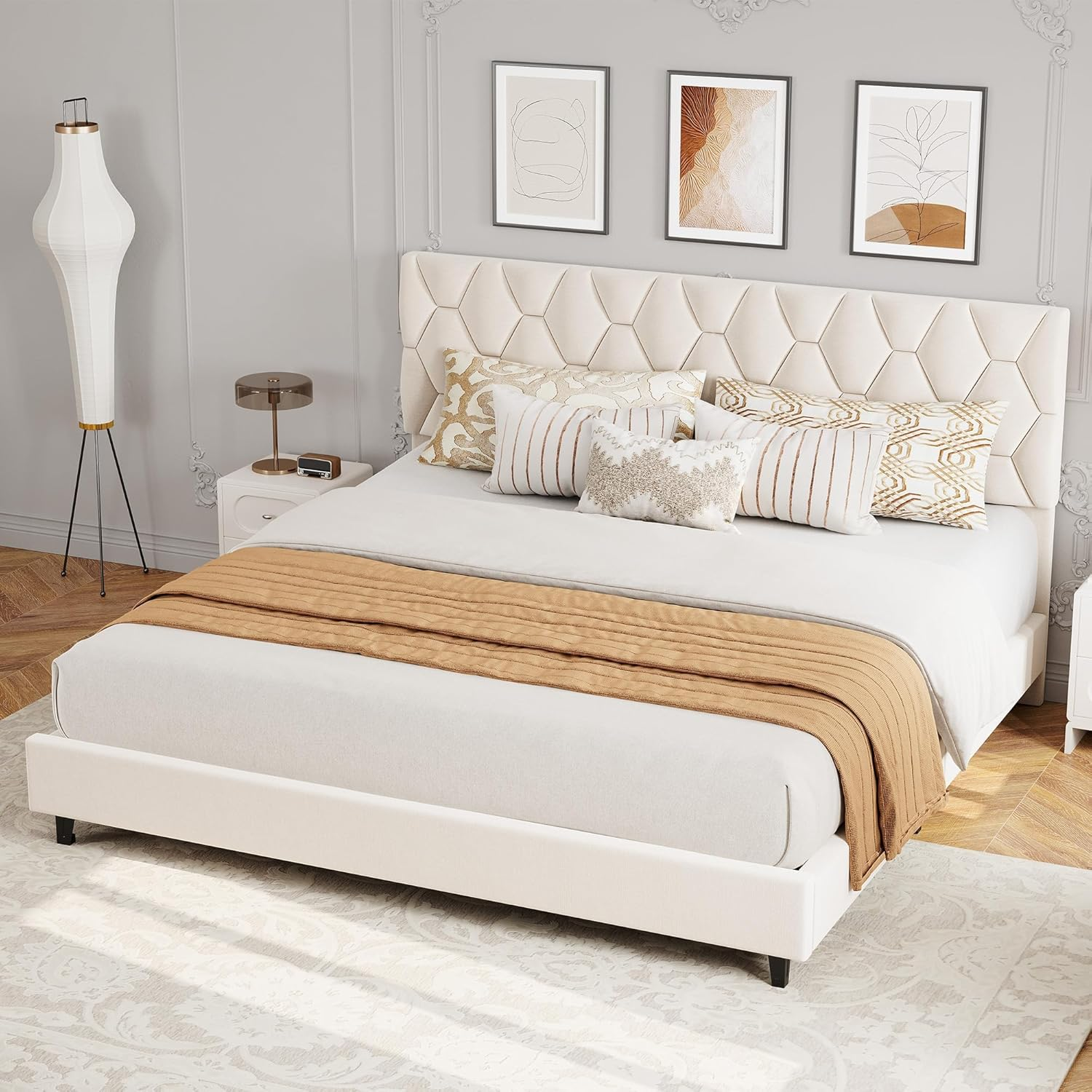 Californiaking Bed Frame with Upholstered Headboard, Heavy-Duty Platform Bed Frame with Strong Wood Slats, No Box Spring Needed/Noise Free/Easy Assembly,Beige