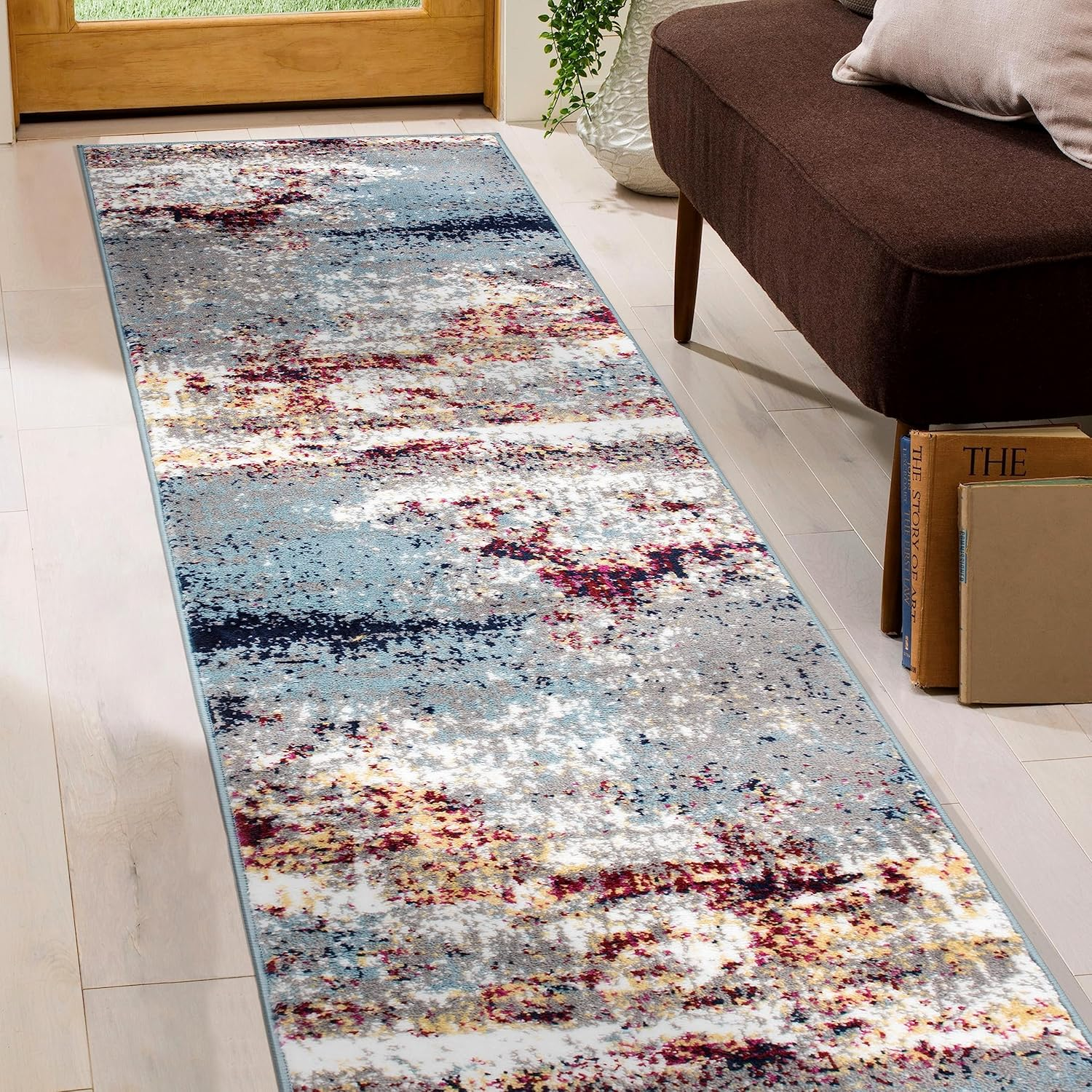 Multi Modern Distressed Abstract Runner Rug Bohemian Inspired Watercolor for Hallway, Entryway and Kitchen 2' X 7'