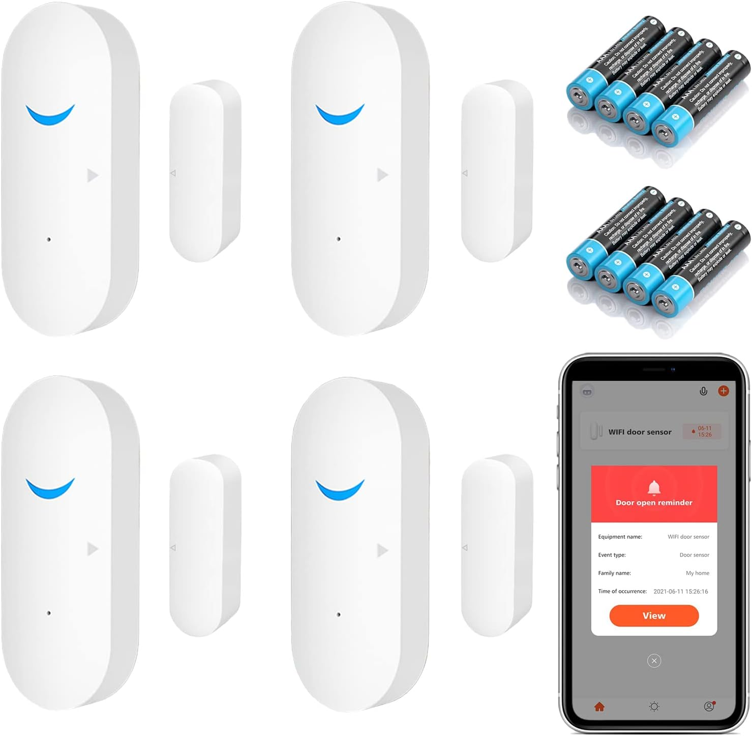 Smart Door Sensor Alarm Wireless, Wifi Door Window Detector with 8 Batteries, Smart Linkage Window Door Contact Sensor for Home Security Compatible with Alexa/Google Assistant, No Hub Required, 4 Pack