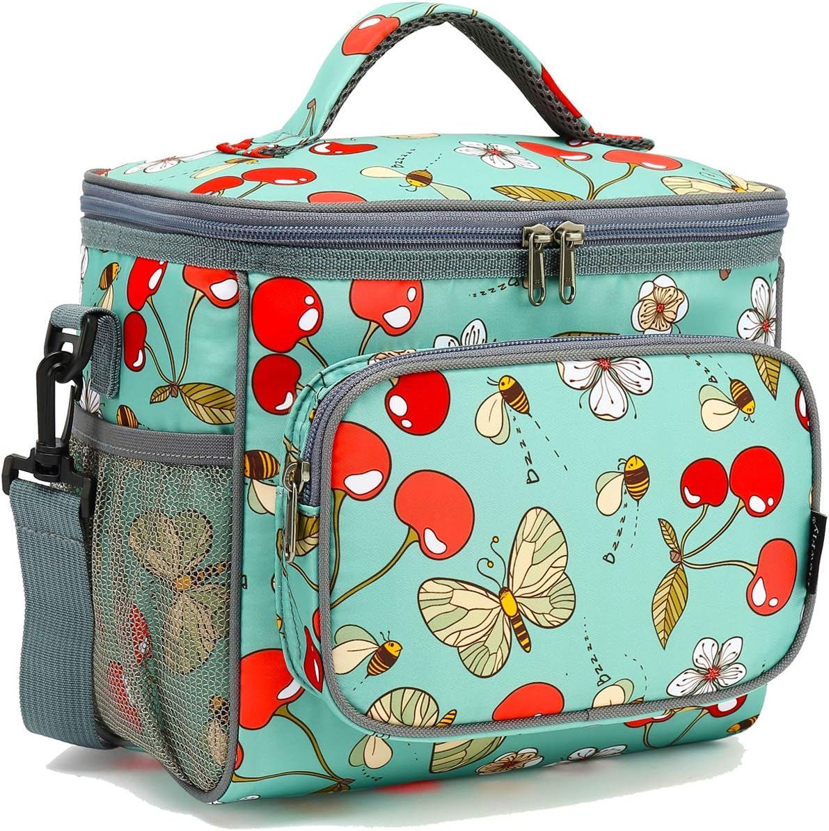 Flowfly Insulated Reusable Lunch Bag Adult Large Lunch Box for Women and Men with Adjustable Shoulder Strap,Front Zipper Pocket and Dual Large Mesh Side Pockets,Cherry