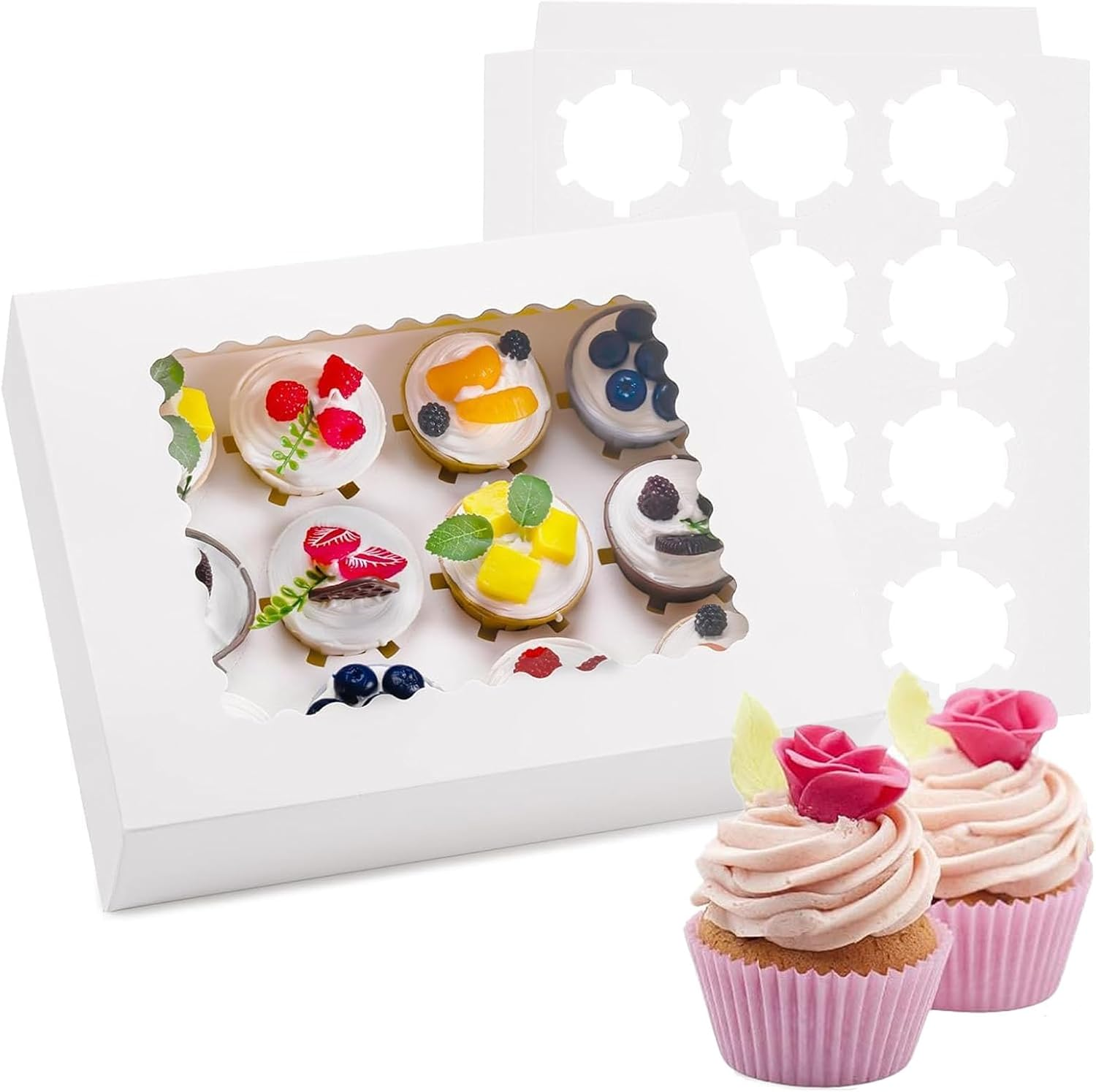 Cupcake Boxes, 10 Set White Containers 12 Count with Window Inserts, Disposable Holder for Muffins, Cookies, Dessert