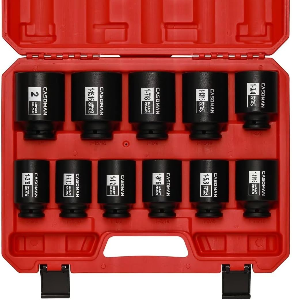 11PCS 1/2-Inch Drive Large Impact Socket Set, 6 Point, 1-3/8-Inch to 2-Inch, SAE Spindle Axle Nut Impact Socket Set, CR-MO