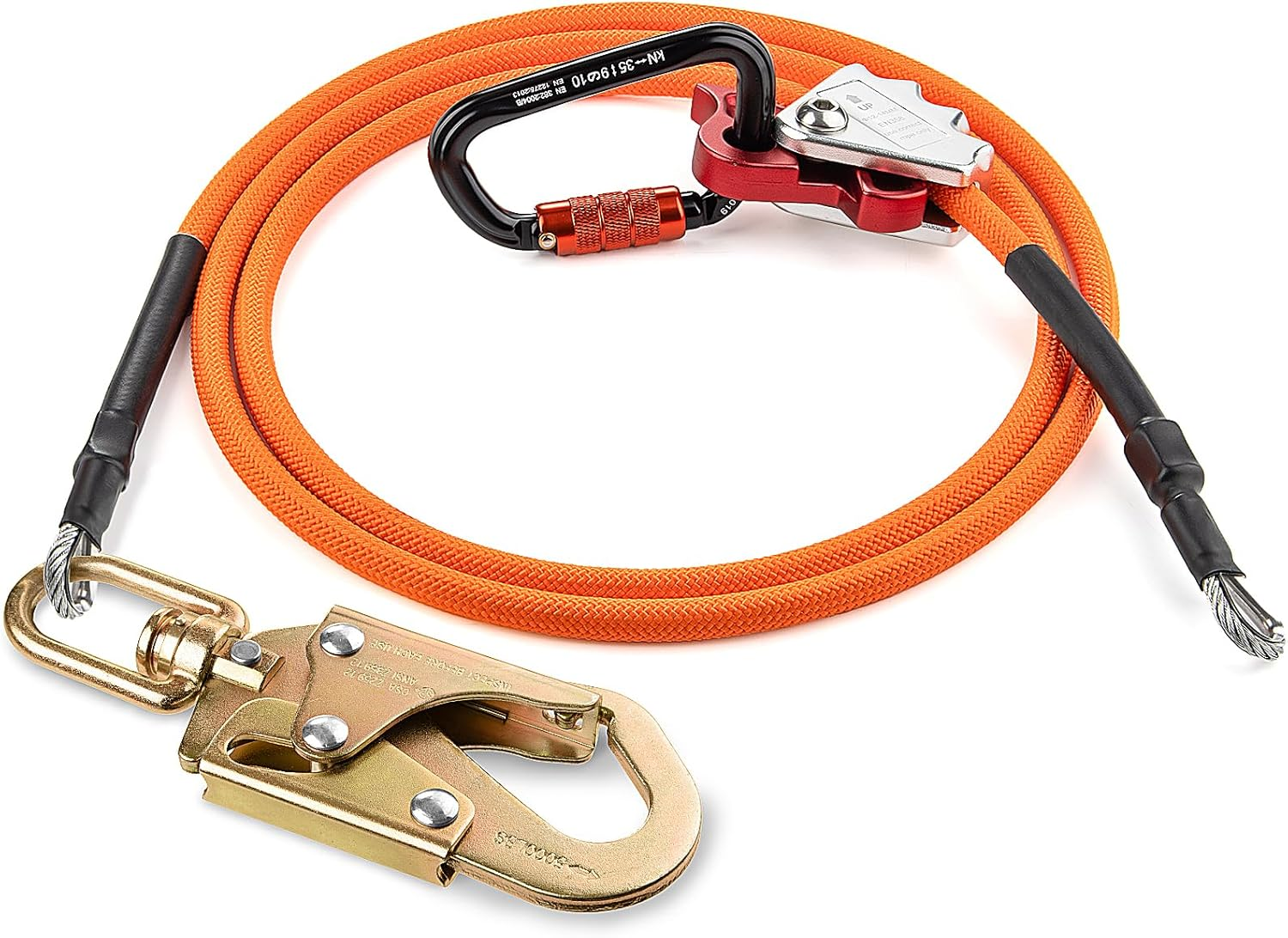 TRSMIMA Steel Wire Core Flipline Arborist Climbing Tree Lanyard Kit with Swivel Snap Hook, Triple Lock Carabiner, Rope Grab Adjuster - 10Ft Fall Protection, 1/2