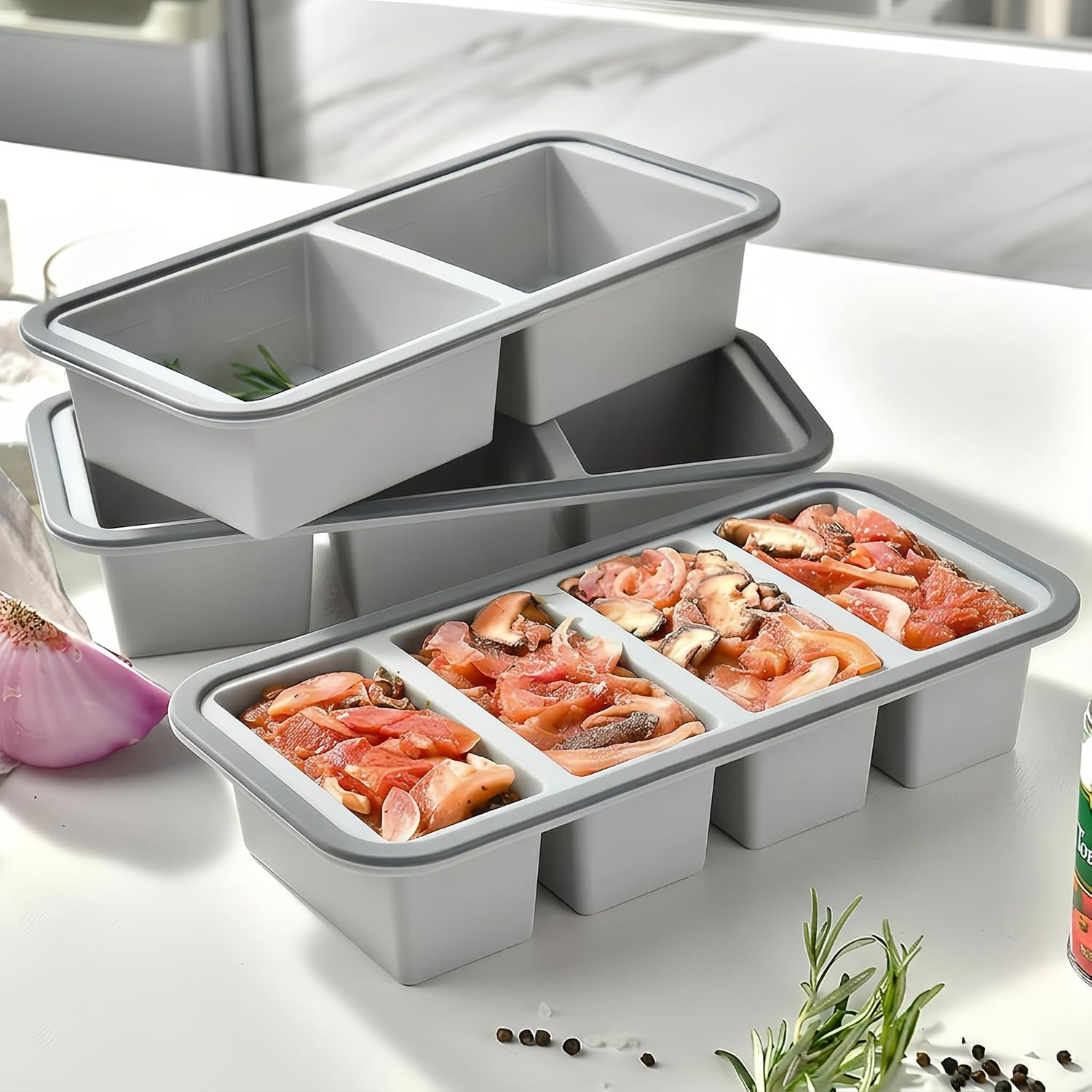 Silicone Freezer Tray with Lid 3 Pack – BPA Free Silicone Freezer Moulds & Food Storage Containers for Meal Prep, Soup, Sauce, Rice & Broth – Ice Cube Tray with Lid/Ice Block Moulds Set-Grey