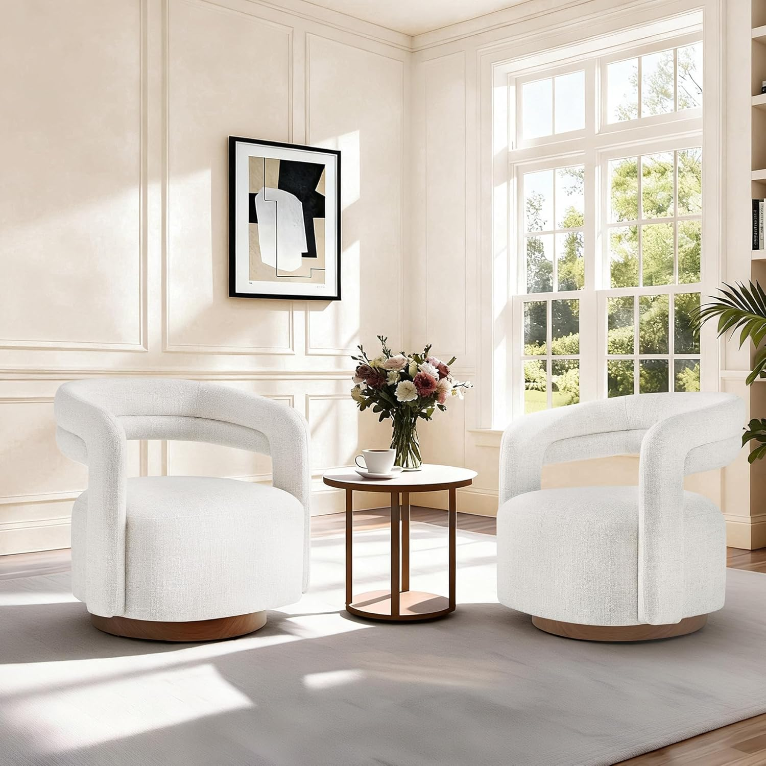 Set of 2 Modern Swivel Accent Chairs with Open Back Design, Wheat Upholstery