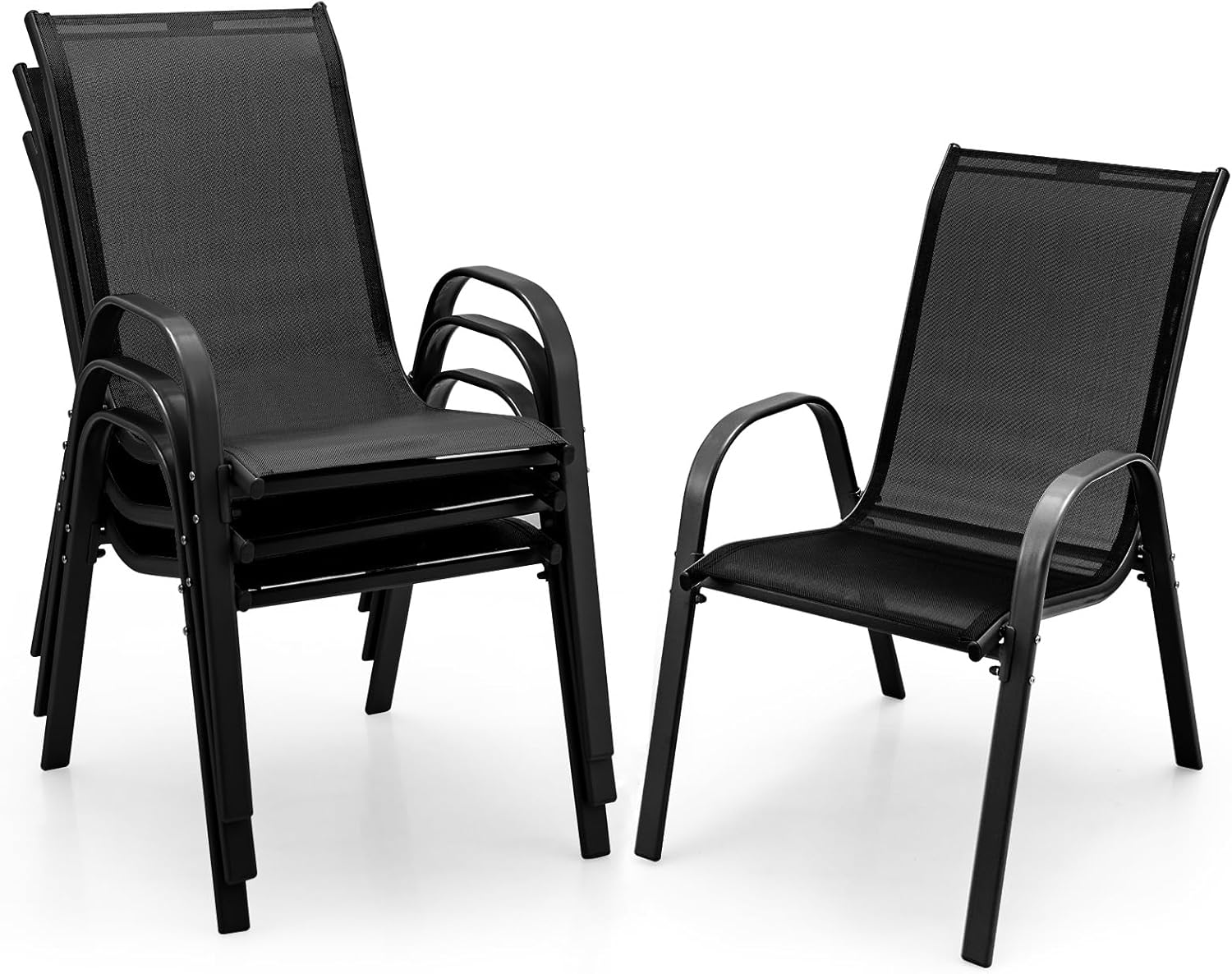 Patio Chairs Set of 4, Stackable Outdoor Dining Chairs with Breathable & Quick-Dry Fabric & Armrests for All Weather, Lawn, Backyard, Poolside,Porch, Deck, 330 LBS Capacity (Black)