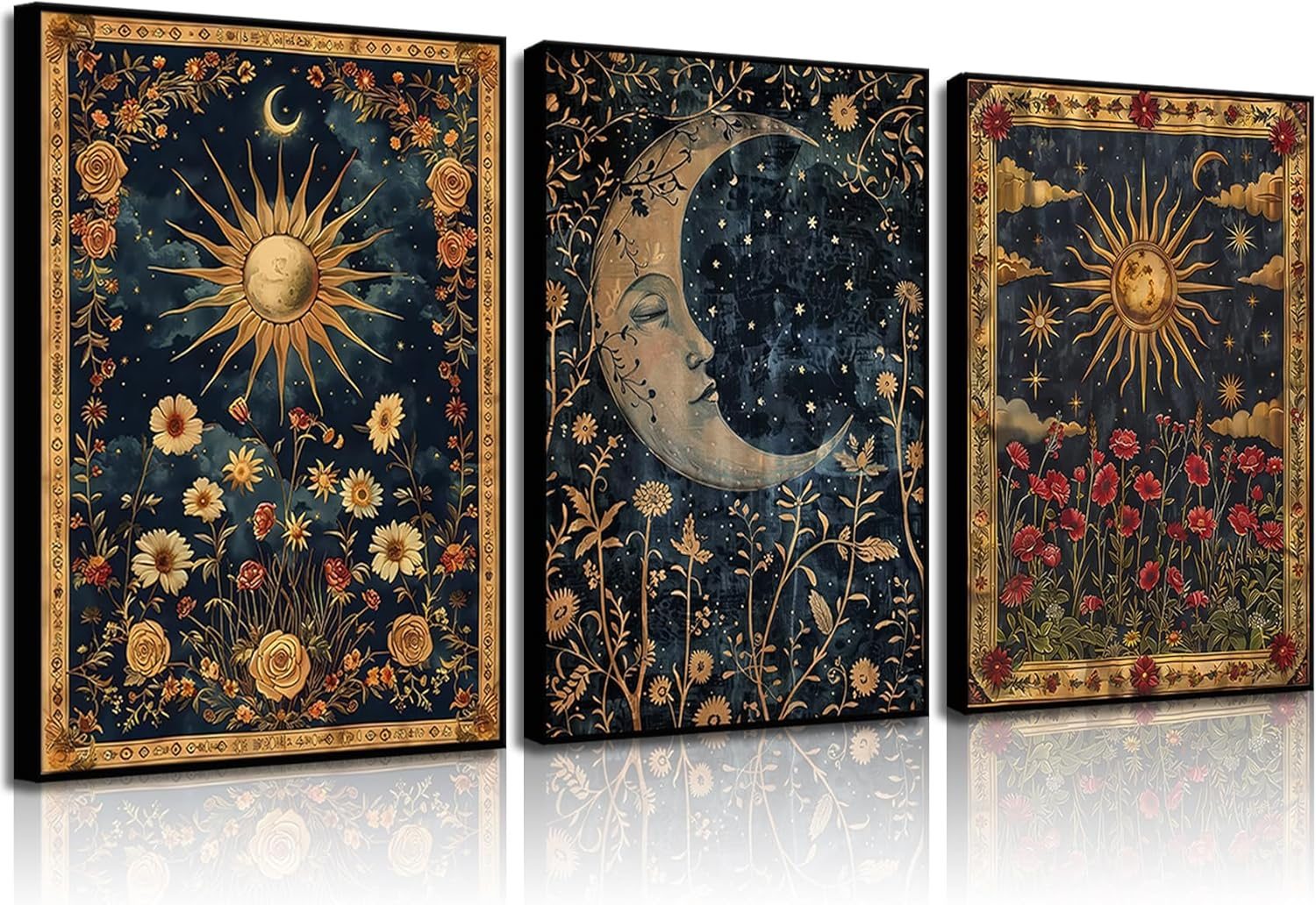 3Pcs Sun and Moon Celestial Canvas Tarot Crescent Moon Picture Wall Decor Gothi