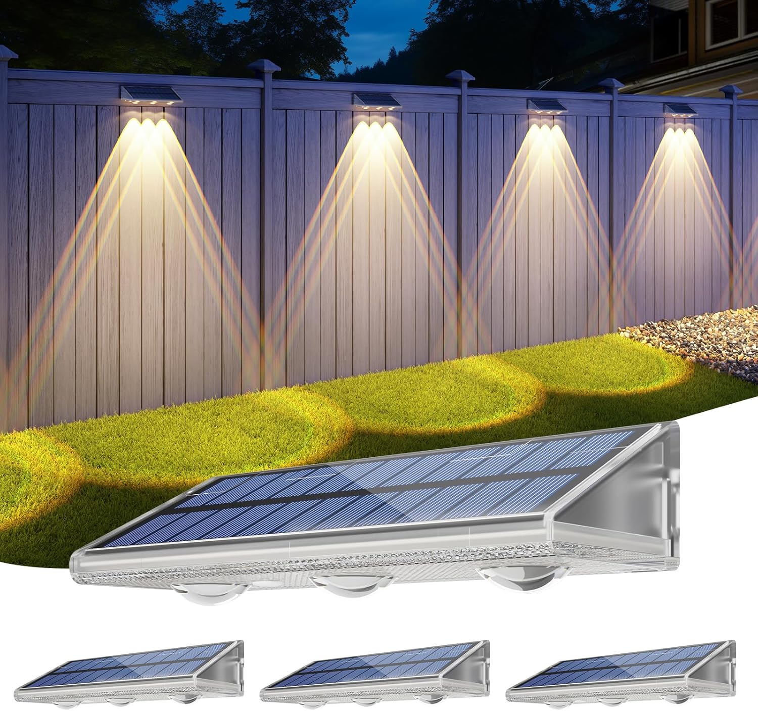 Solar Lights Outdoor-IP67 Waterproof 3000K/4500K/6500K,High Brightness LED Solar Fence Lights,Solar Wall Light for Outside Backyard/Railing/Step/Patio/Stair Railings/Pool （4 Pack）