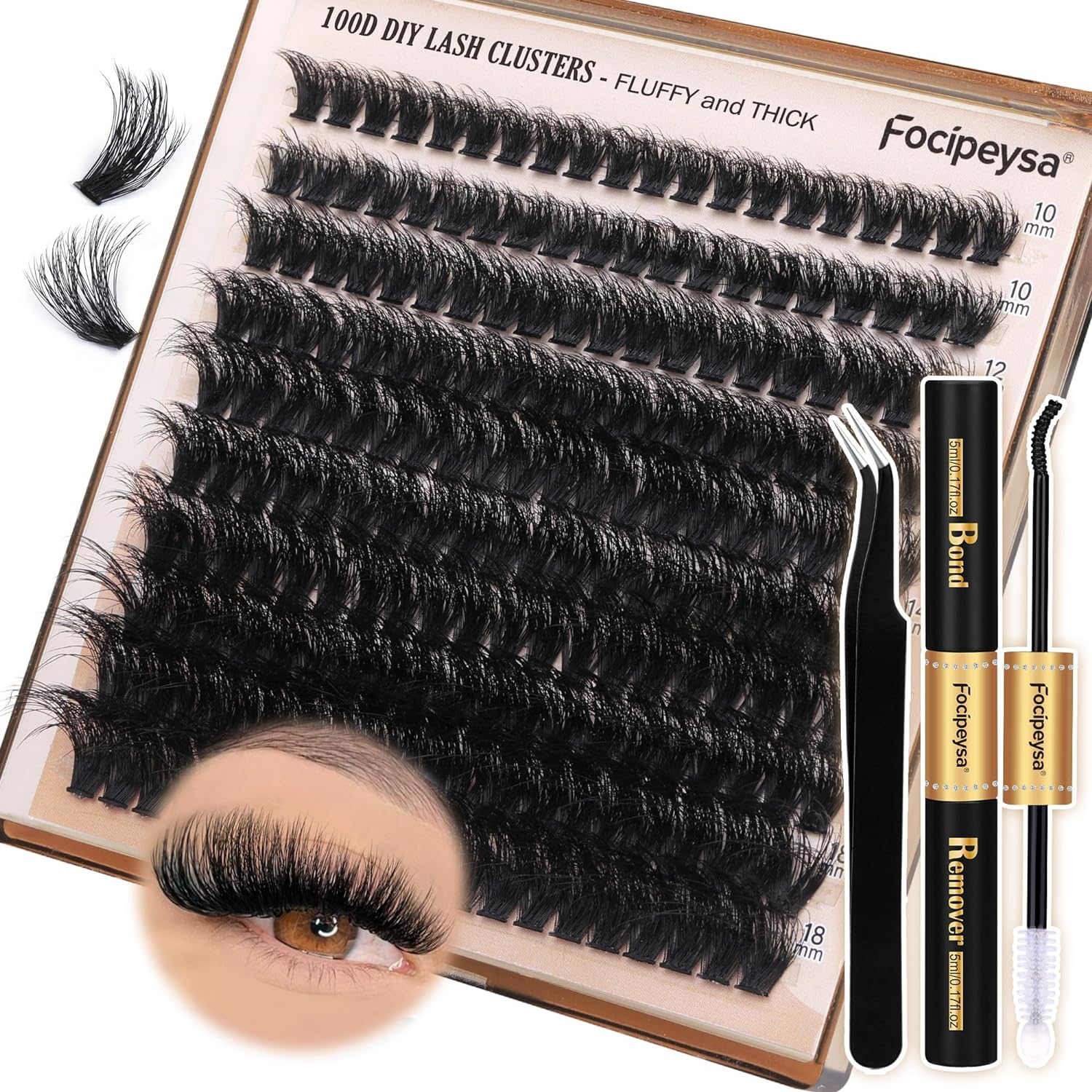 Thick Eyelash Extension Kit Volume Lash Clusters Kit 10-18Mm Individual Lashes Clusters 100D DIY Lash Extension Kit 200Pcs Clusters Lash with Bond and Remover Lash Applicator by
