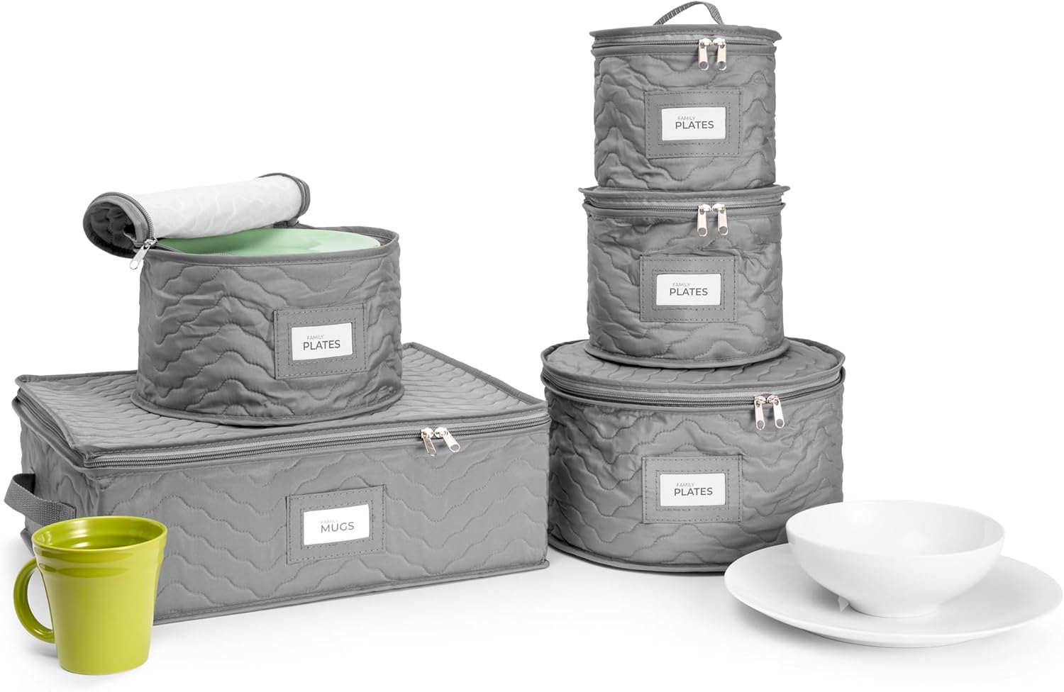 China Storage Containers - 5 Pc Quilted Set for Moving & Transporting Dinnerware, Dishes, round Plates, Glassware, Cups & Mugs with Felt Plate Protectors - Fine China Glass, Plate Storage Cases