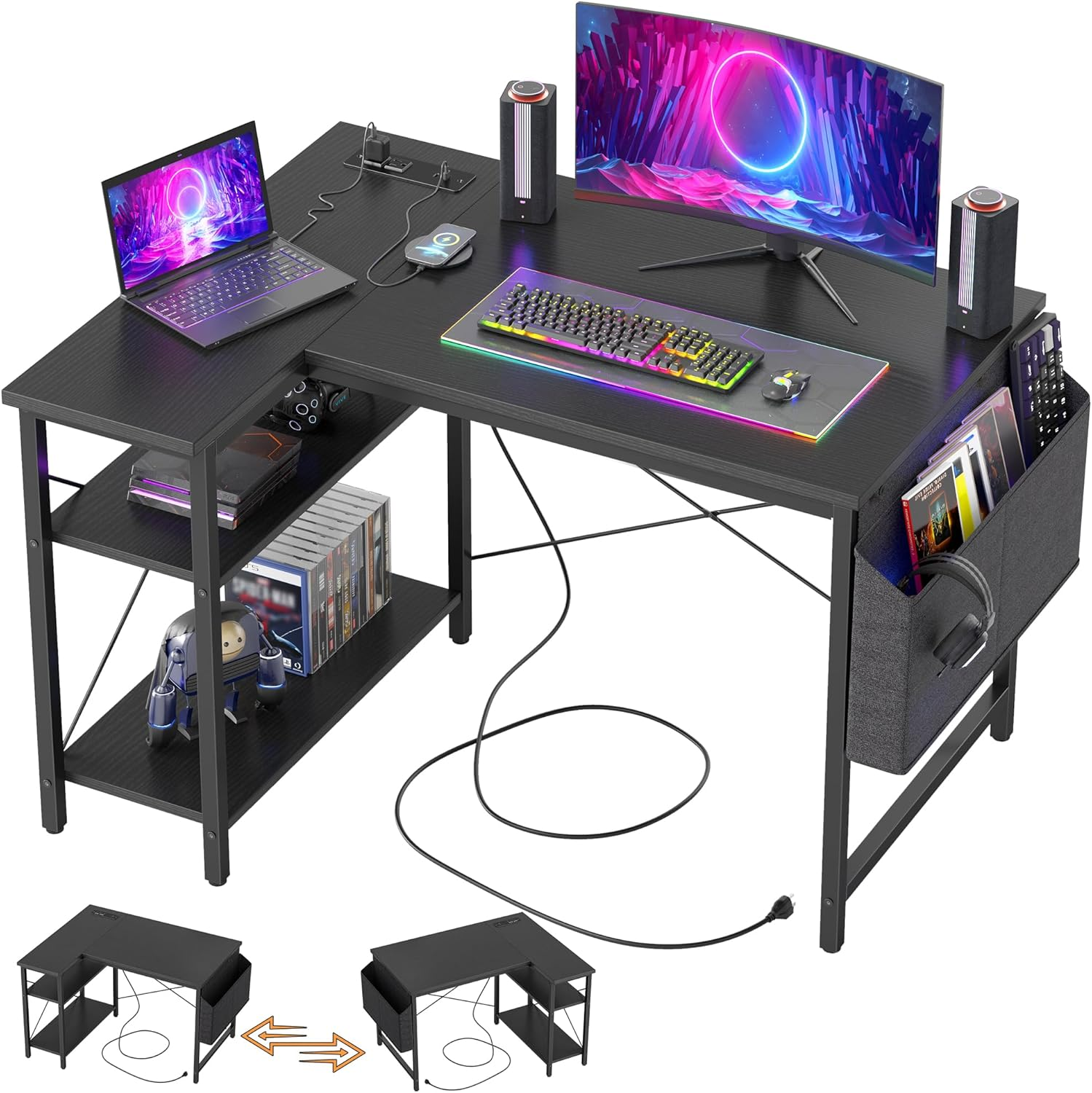 TIQLAB Gaming Desk with Power Outlets - 40 Inch L Shaped Computer Desk, Reversible Design Small Corner Desk, Bookshelf Workstation for Work Study Play Home Office, Black