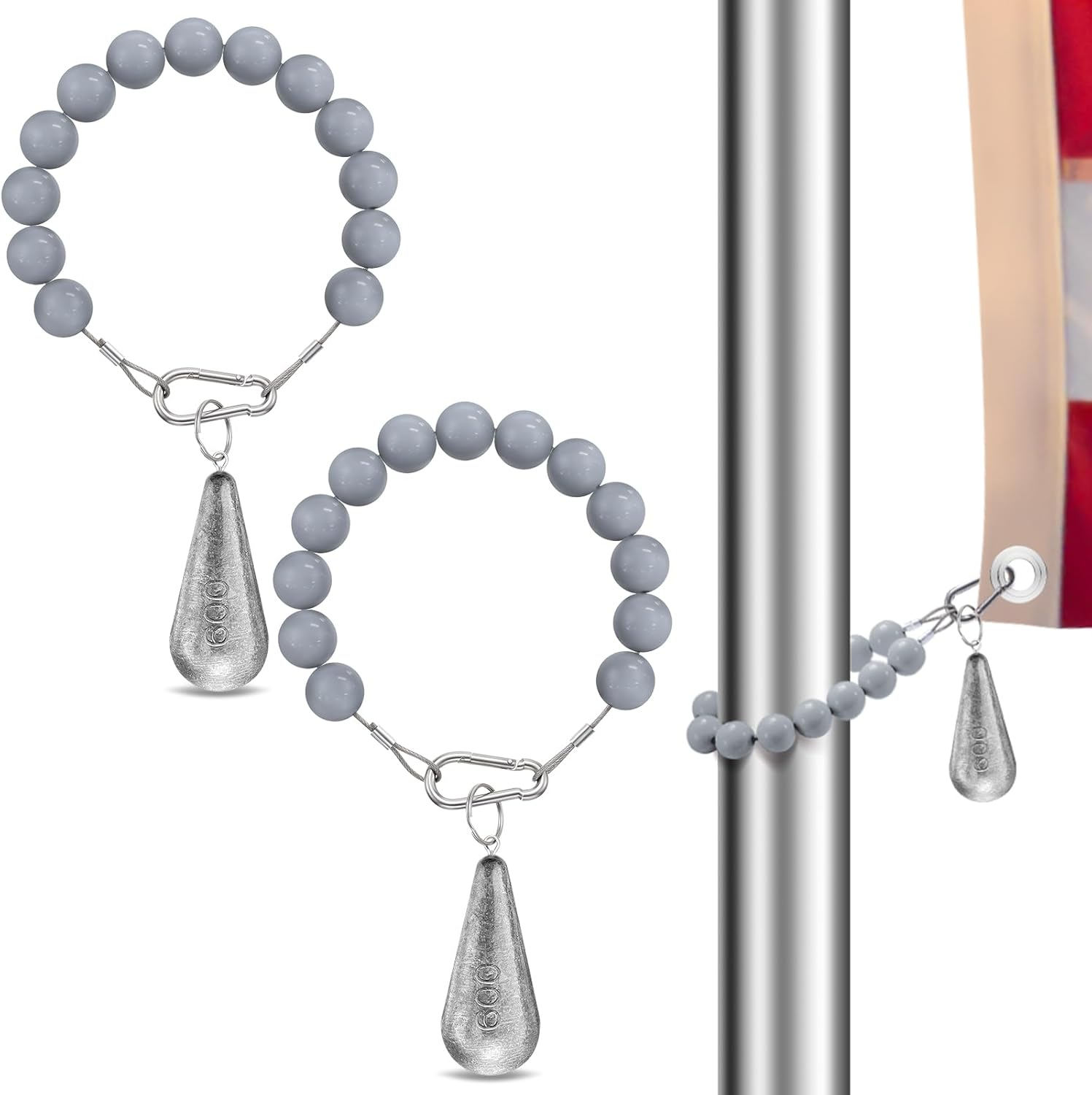 2 Pcs Flag Pole Beaded Retainer Rings & 1.3 Lb Flag Weights Flagpole Accessories Stainless Steel Tether and Weight for Internal Halyard System Flagpole Bottom Mount (Grey)
