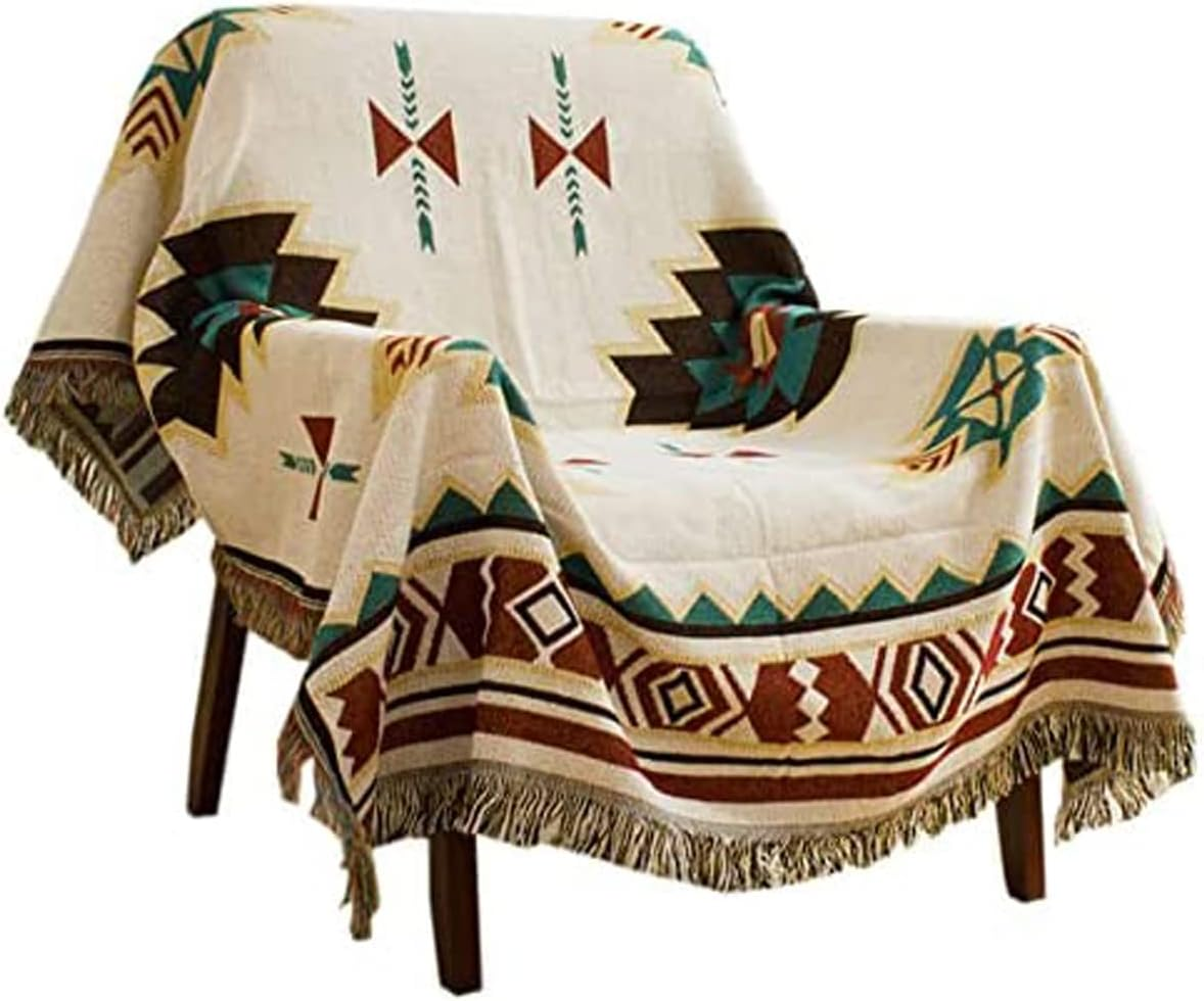 Aztec Navajo Throw Blanket Bohemian Tribal Ethnic Geometric Pattern Rug with Tassels Suitable for Sofa/Bed/Outdoor/Camping (130X180 Cm / 51.1X71In)