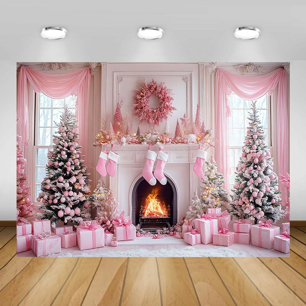 Pink Christmas フォトフレーム☃　完成品 7X5Ft Pink Christmas Backdrop Pink Christmas Tree Fireplace