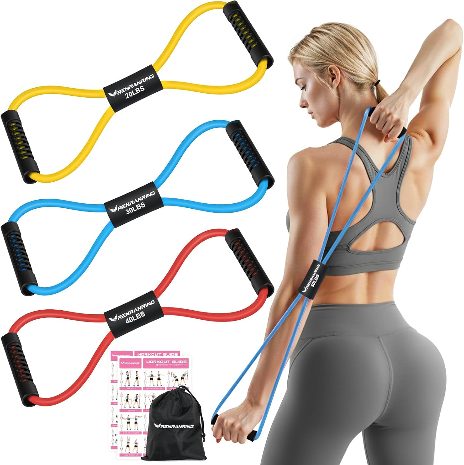 Figure 8 Fitness Resistance Bands with Handles - Exercise Tube Band Set of 3 for Arm and Shoulder Stretch, Rope 8 Word Elastic for Women and Men