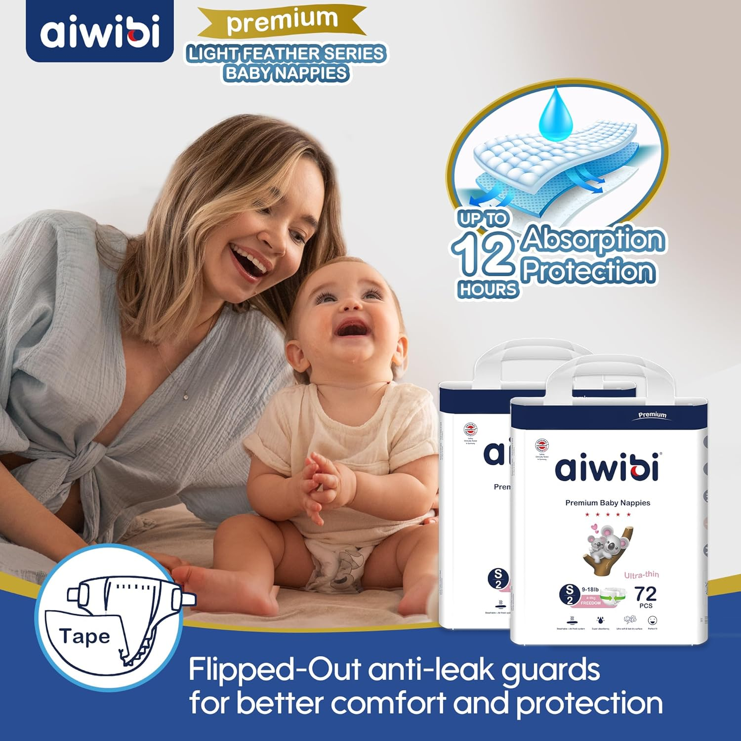 AIWIBI Baby Nappies Size 2 (4-8kg), 144 Count, Light Feather Series Premium N... - Picture 3 of 15