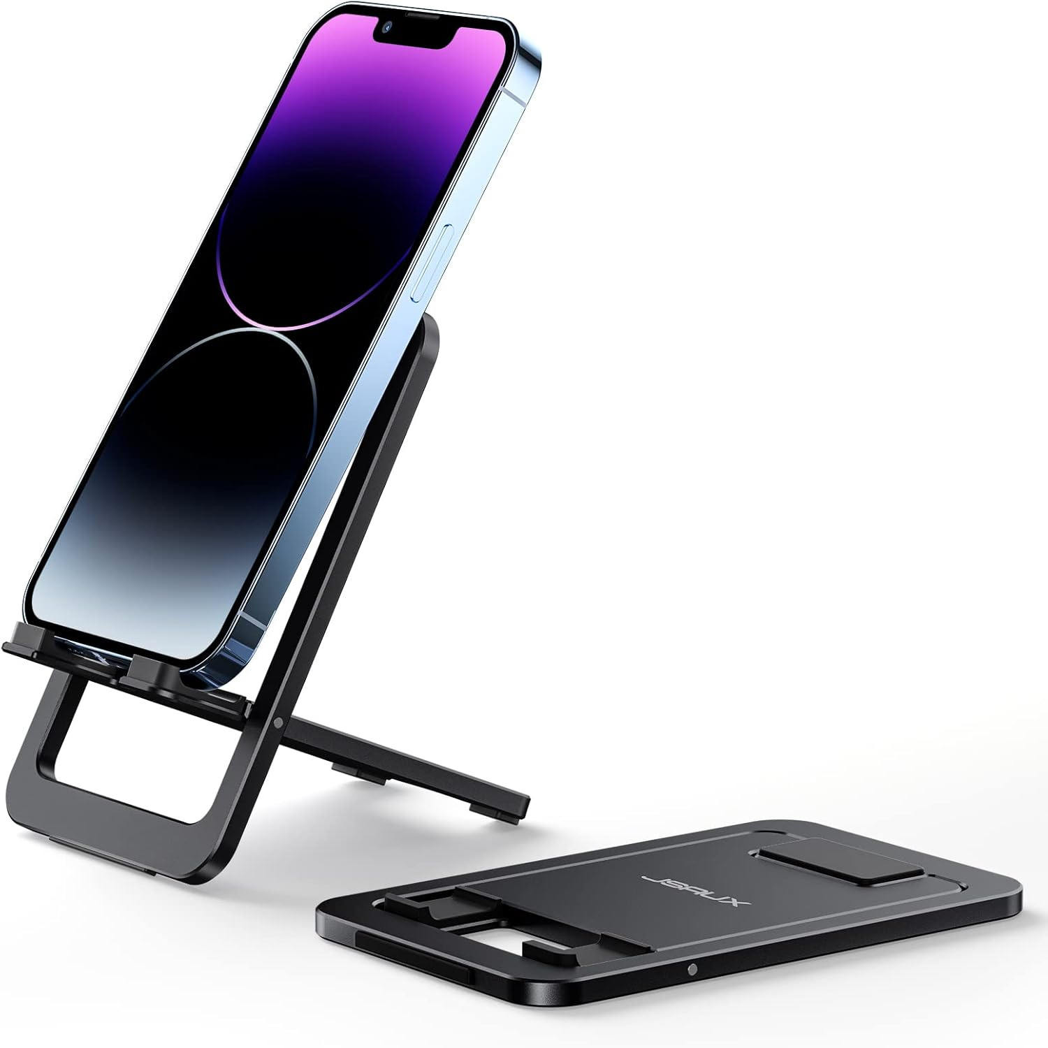 Phone Stand, Foldable Cell Phone Holder for Desk, Aluminum Adjustable Cellphone Stand for Plane Travel Essentials, Compatible with iPhone 15 Pro max, Samsung S23 S22, Switch, iPad, Tablet-Black