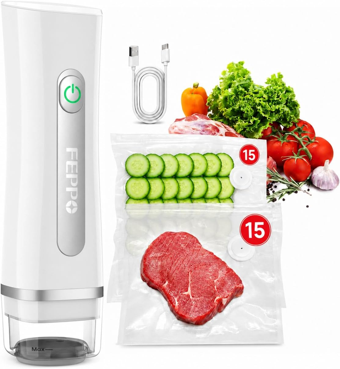 Vacuum Sealer for Food with Visible Water Tank, Handheld Saver Compact Vacuum Sealer Machine with 30 Reusable Bags for 6X Preservation & Fresh, White
