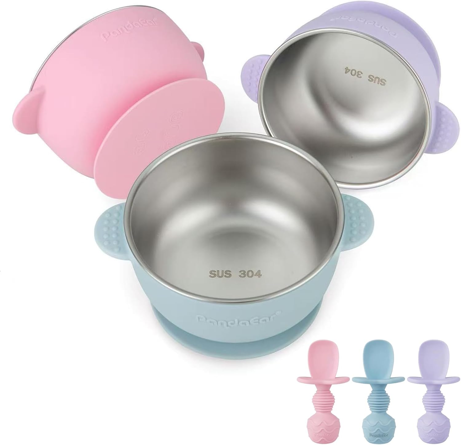 3 Pack Stainless Steel Suction Baby Bowls & 3 Silicone Baby Spoons | Non-Slip Stay Put Bowls & Anti-Choke First Stage Spoons for Toddlers, Bpa-Free Baby Led Weaning Set