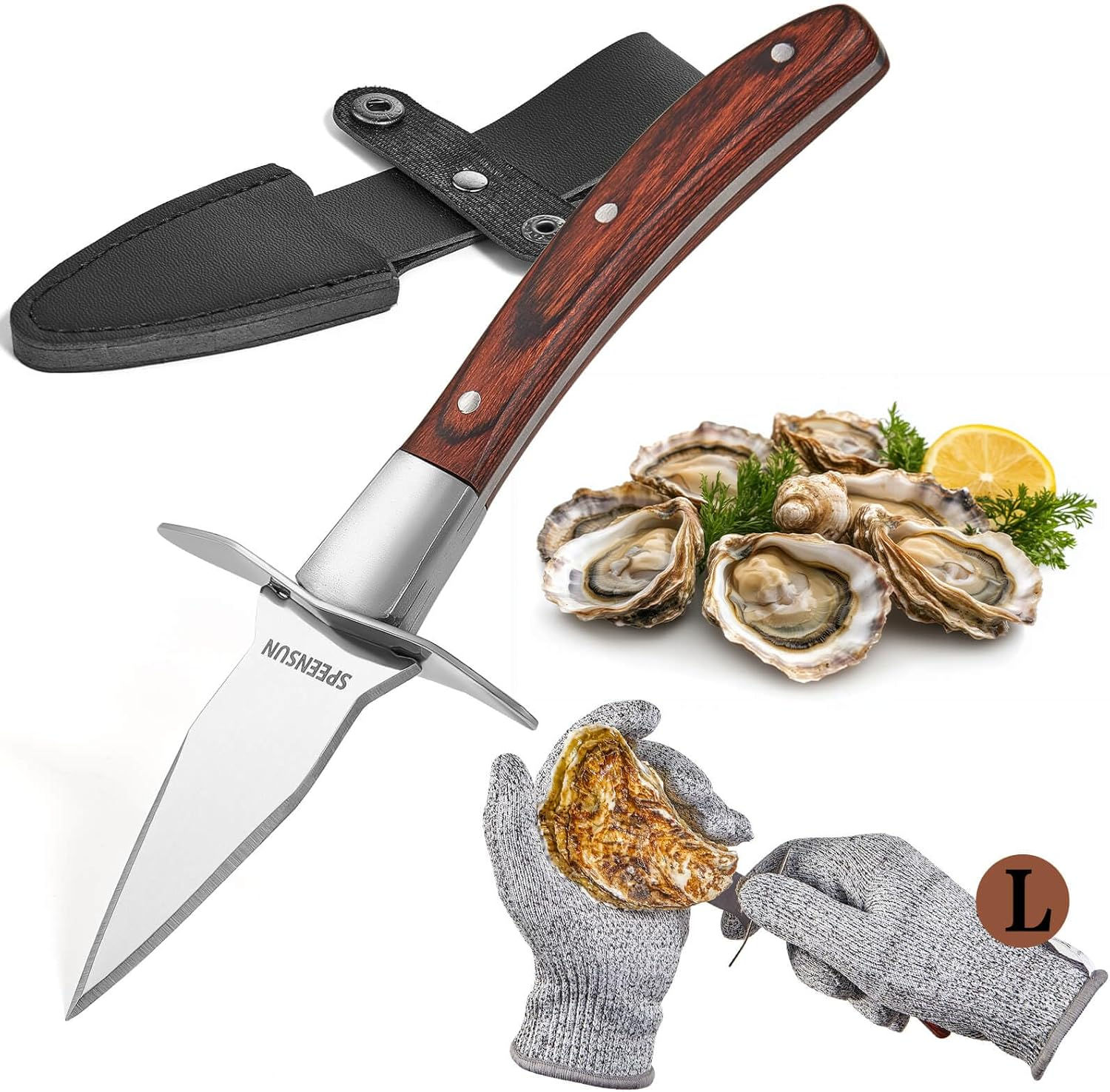 SPEENSUN Austernmesser,Austernmesser Und Handschuh,Austern Set Mit Premium-Holzgriff,Edelstahl Austernöffner Mit Handschuhe Mit Schutzstufe 5 (L) Oyster Messer