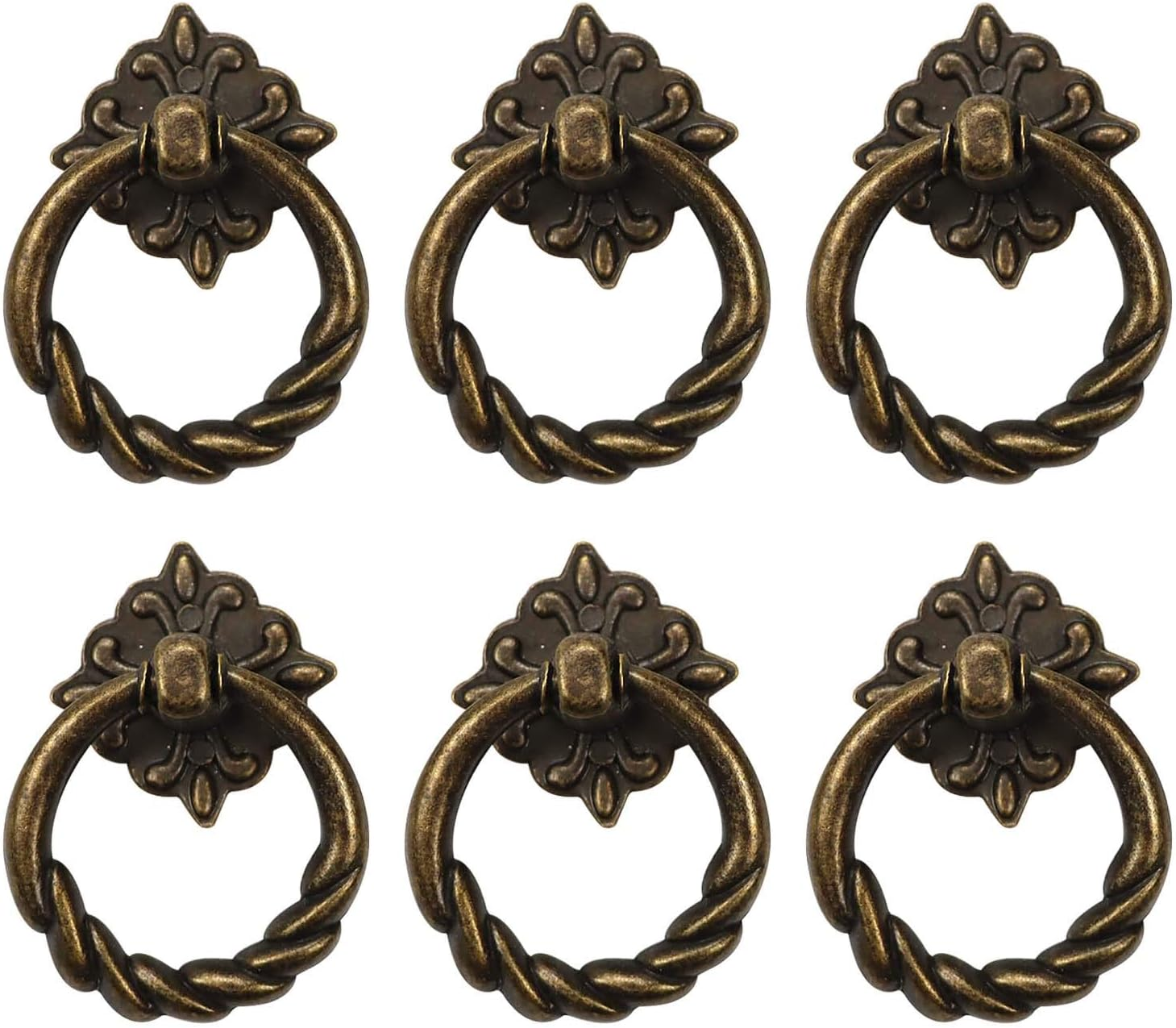 6Pcs Vintage Bronze Drop Ring Knobs Pulls Handles for Dresser Drawer Antique Drawer Pull Ring Single Hole Decorative Hardware with Screws for Furniture Cabinet Cupboard