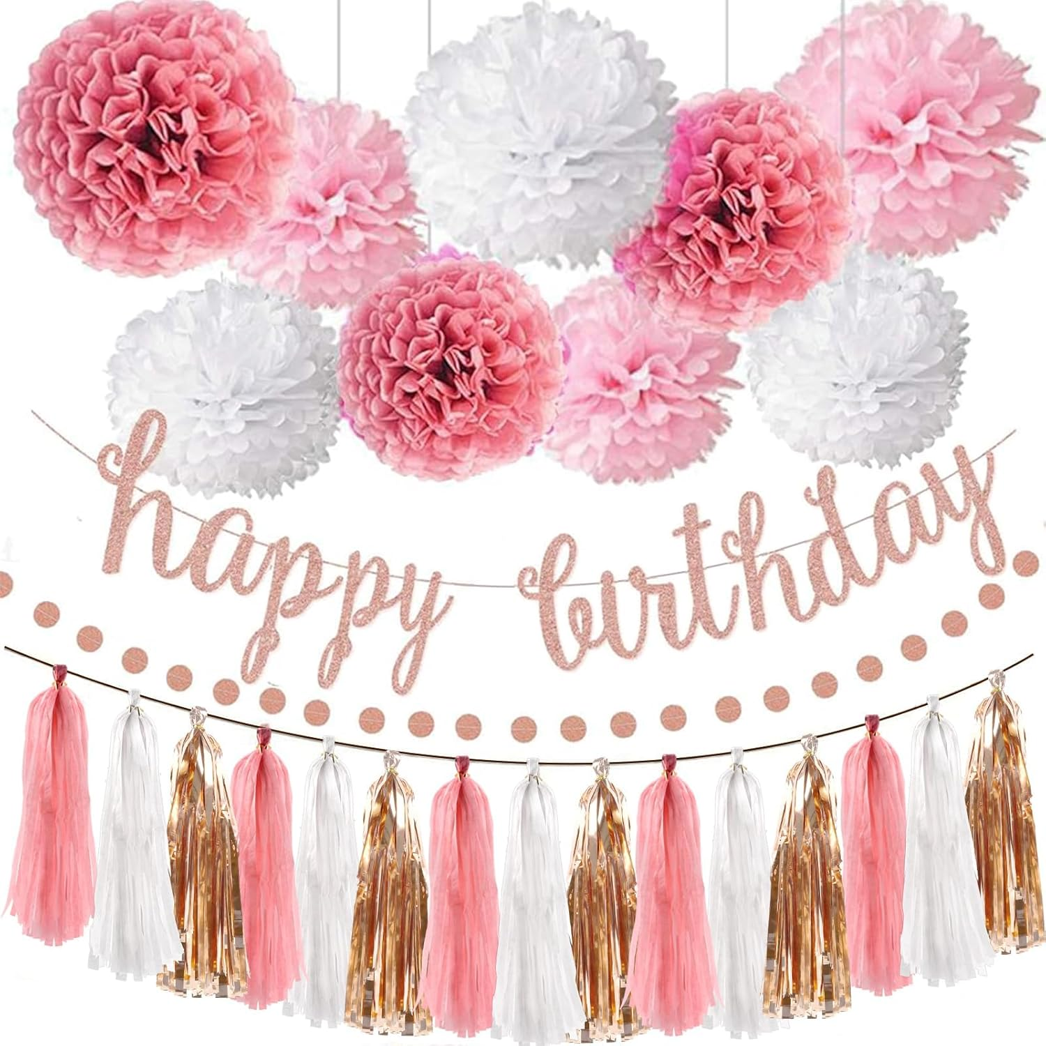 Pink Rose Gold Birthday Party Decorations Set, Rose Gold Glittery Happy Birthday Banner, Tissue Paper Pom, Circle Dots Garland and Tassel Garland for BDAY Party Decorations