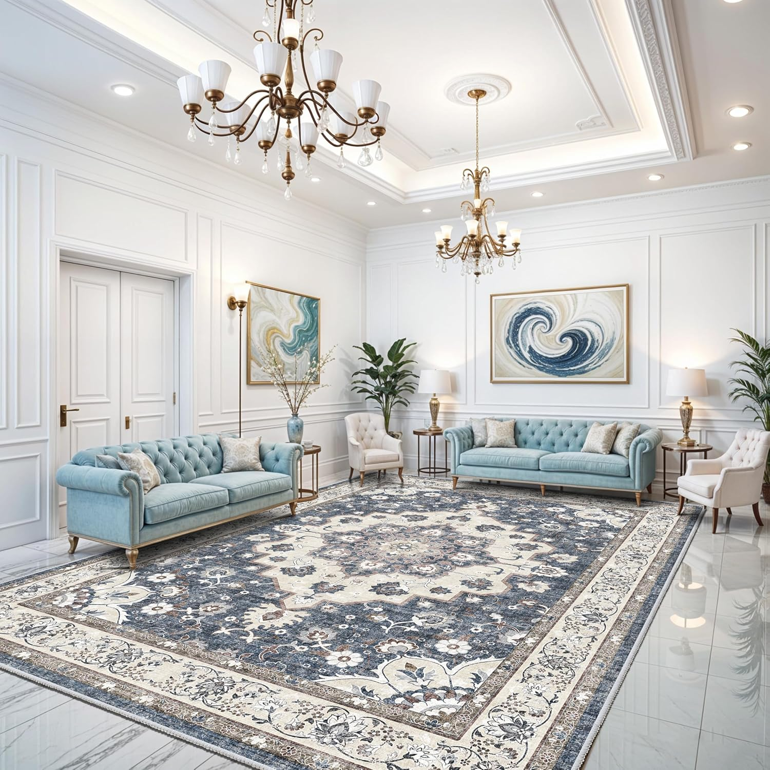 12X15 Area Rug for Living Room: Large Soft Oriental Rugs with Non-Slip Backing Washable Stain Resistant Thin Bedroom Carpets Vintage Low Pile Indoor Rug for Dining Room Home Office - 12' by 15' Blue