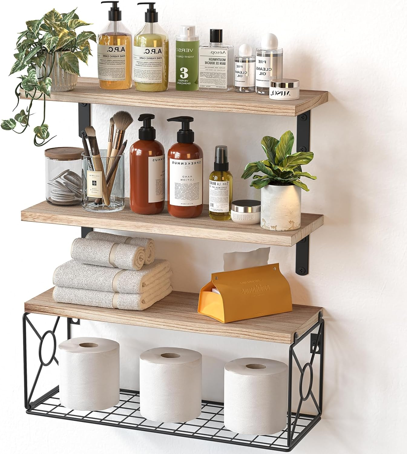 Amada Bathroom Shelves over Toilet with Storage Basket, Floating Shelves Wall Shelves for Home Organization & Wall Decor, Bathroom/Kitchen/Living Room Shelves–Natural Wood