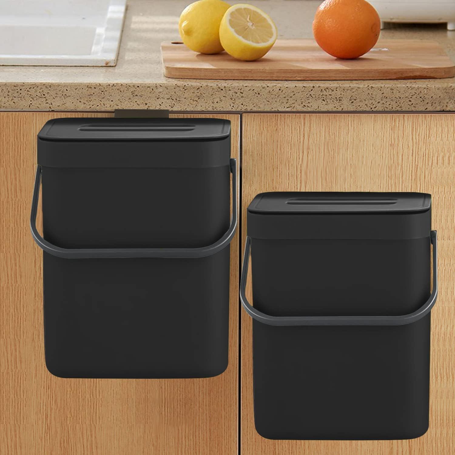 Countertop Compost Bin with Lid, Hanging Small Trash Can with Lid under Sink for Kitchen,  Waste Bin for Countertop, Mountable Garbage Can for Bathroom, RV, 5L/1.3 Gal, Black
