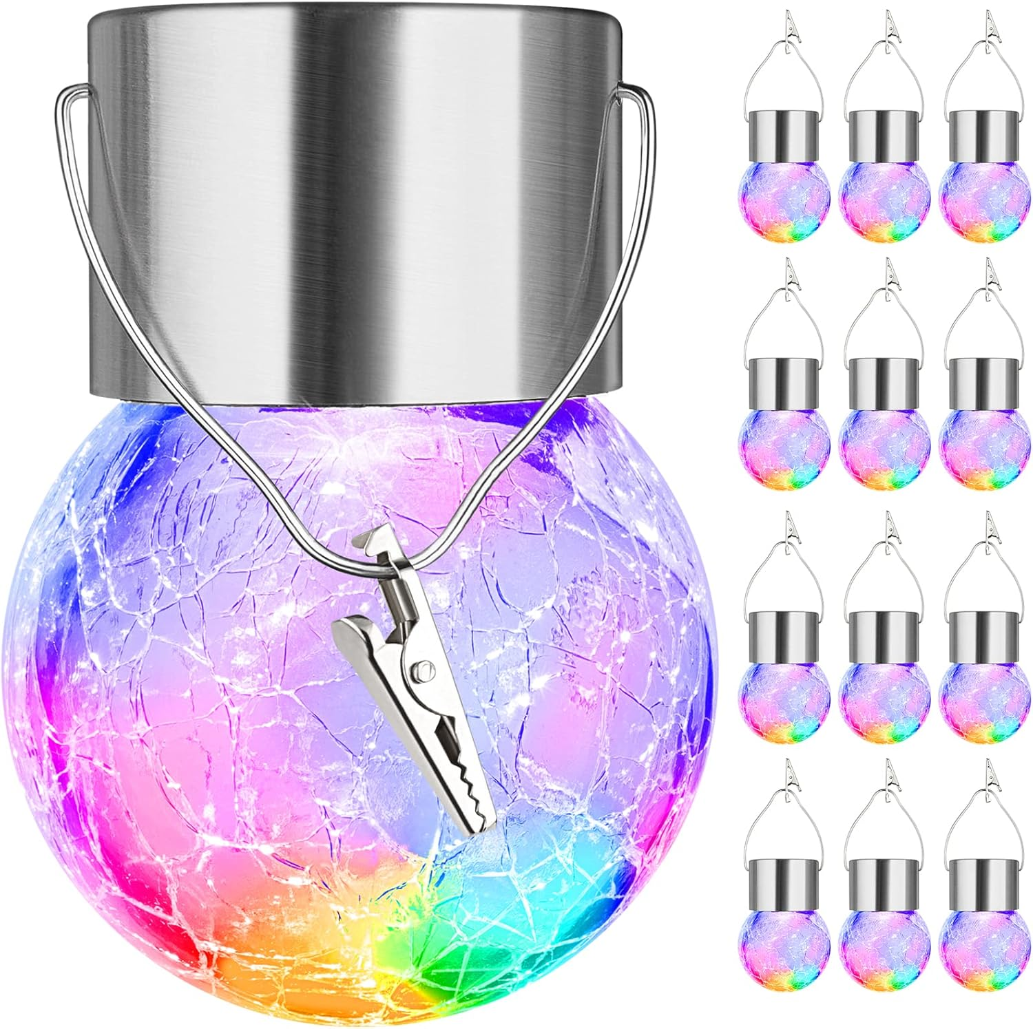 12-Pack Hanging Solar Lights, Decorative Cracked Glass Ball Light, Multicolor Solar Powered Waterproof Globe Lighting for Garden, Tree