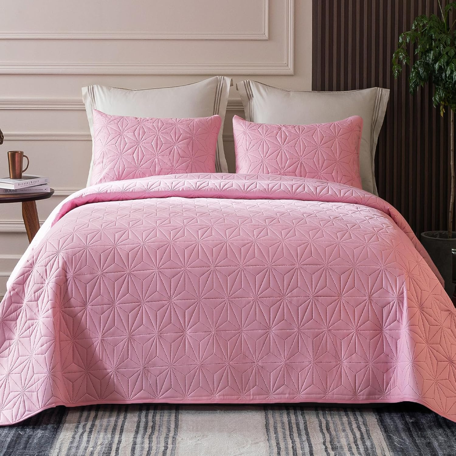 Queen Quilt Bedding Set, Soft Pink Bedspreads Quilts Queen Full Size for All Seasons, 3 Pieces Lightweight Geometric Star Pattern Coverlet