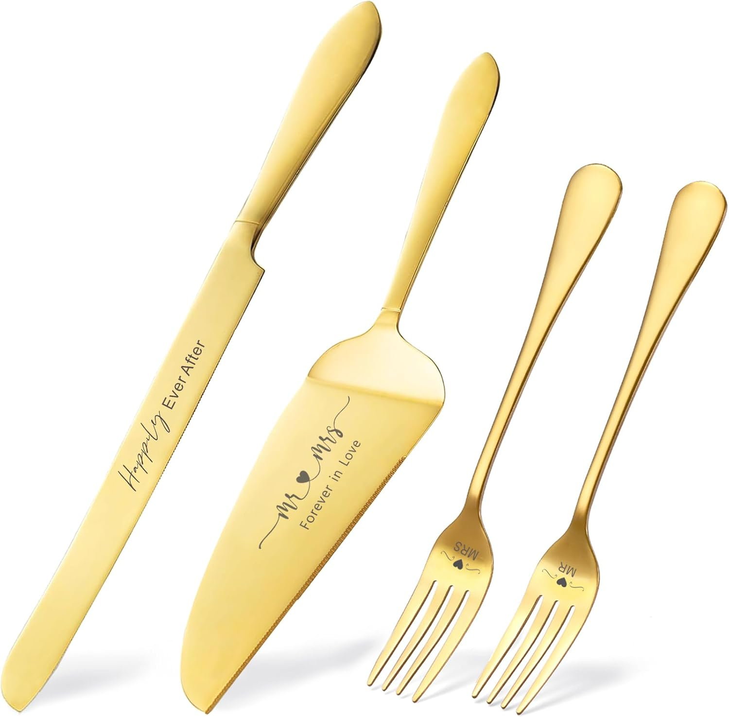 ROXBURGH Wedding Cake Knife and Server Set, Engraved Mr and Mrs Gold Forks Cake Cutting Set Pie Dessert Servers for Wedding Anniversary Bridal Shower Engagement