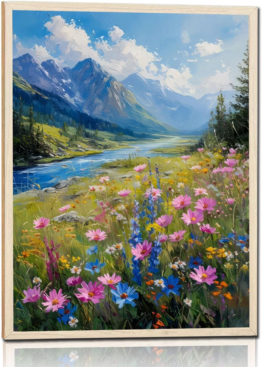 Framed Mountain View Canvas Wall Art Print - Wildflowers Meadow River Poster Picture - Nature Painting Artwork for Living Room Bedroom Gallery Decor 12x16 Inch Ready to Hang