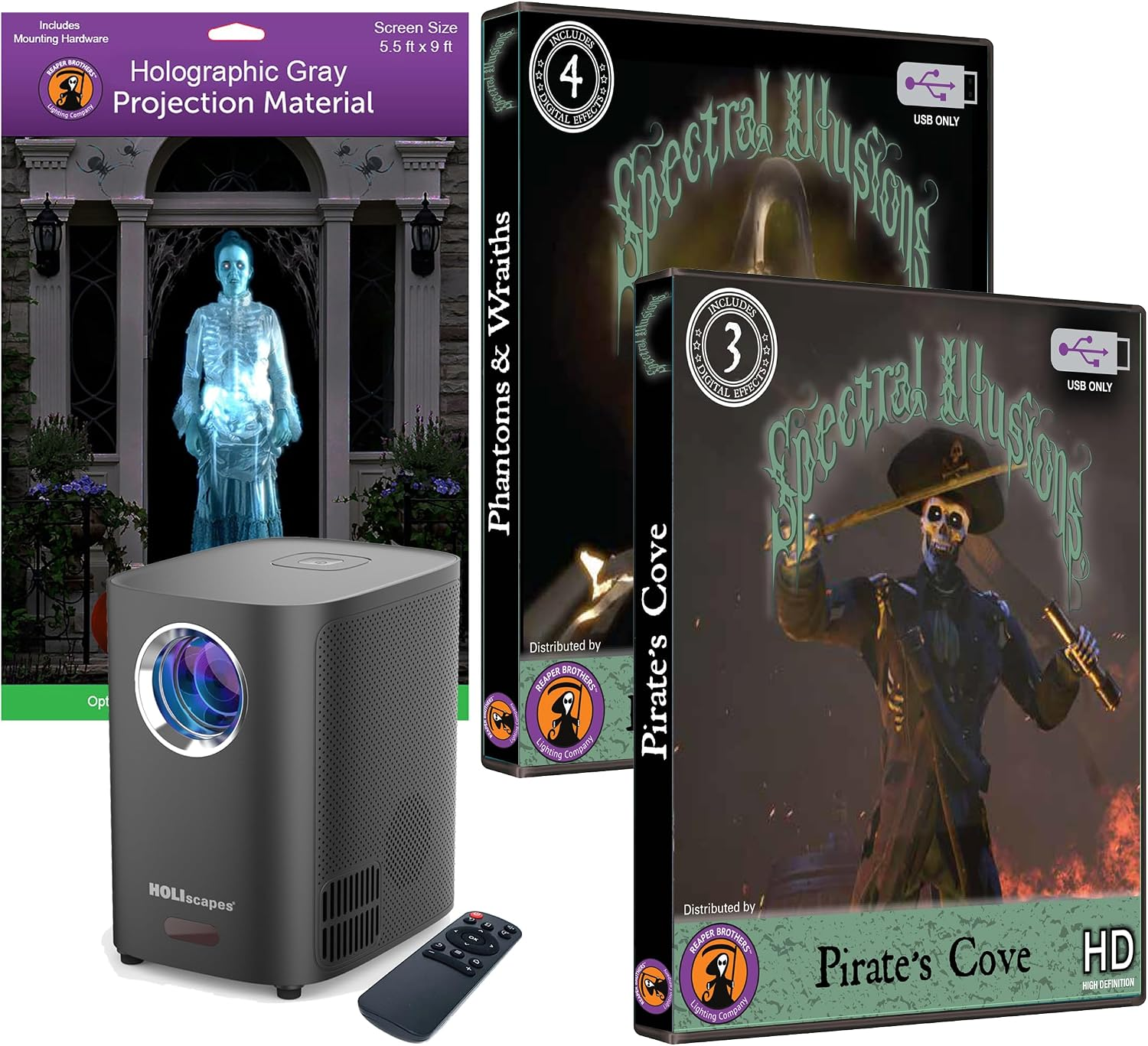 Holiscapes® USB Projector Kit - Spectral Pirates Cove plus Phantoms & Wraiths on USB + Projector + 5.5 Ft X 9 Ft Large Gray Holographic Screen for Halloween Projection