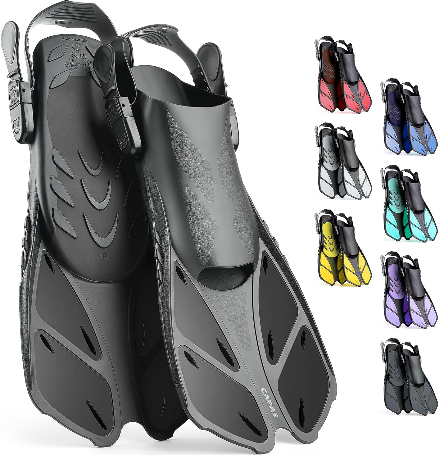 Snorkel Fins, Swim Fins Travel Size Short Adjustable for Snorkeling Diving Adult Men Women Kids Open Heel Swimming Flippers