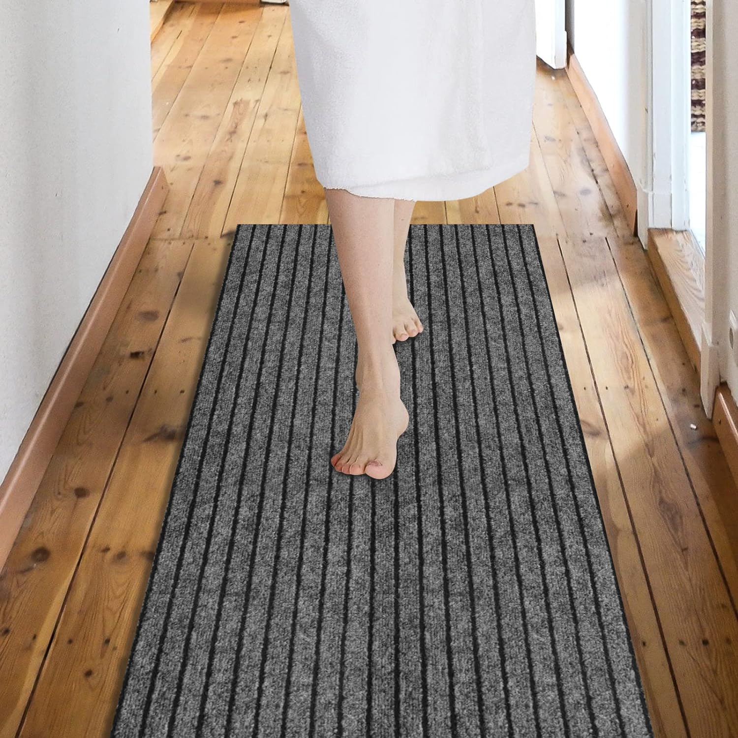 Custom Size Backed Non-Slip Area Rugs Runner, Easy Clean, Waterproof Runner Rugs for Hallway Entryway, Kitchen, Laundry, 2FT X 6FT, Gray Stripe