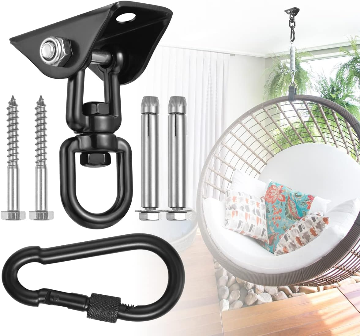 Hammock Hanging Kit,Hanging Chair Hardware 360°Rotating 1200 Lb Capacity Hammock Hooks Heavy Duty,Hammock Chair Hanging Kit & Swing Ceiling Hook Snap for Hammock Chair Stand,Seat, Tree,Yoga,Gym(Black)