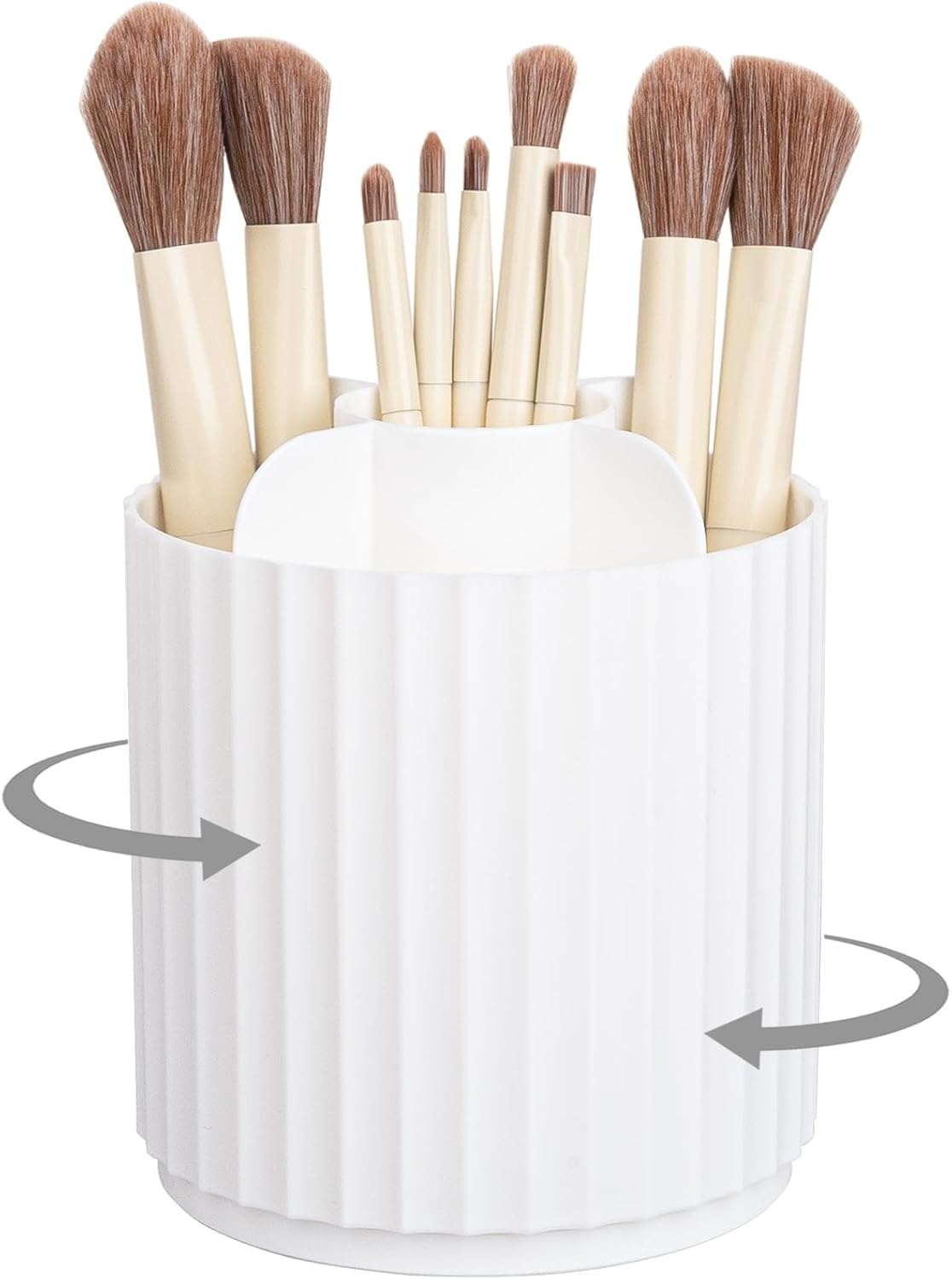 Makeup Brush Holder Organizer 360°Rotating Make up Brushes Container for Vanity, Spinning Cosmetics Storage Cup, Stripe White