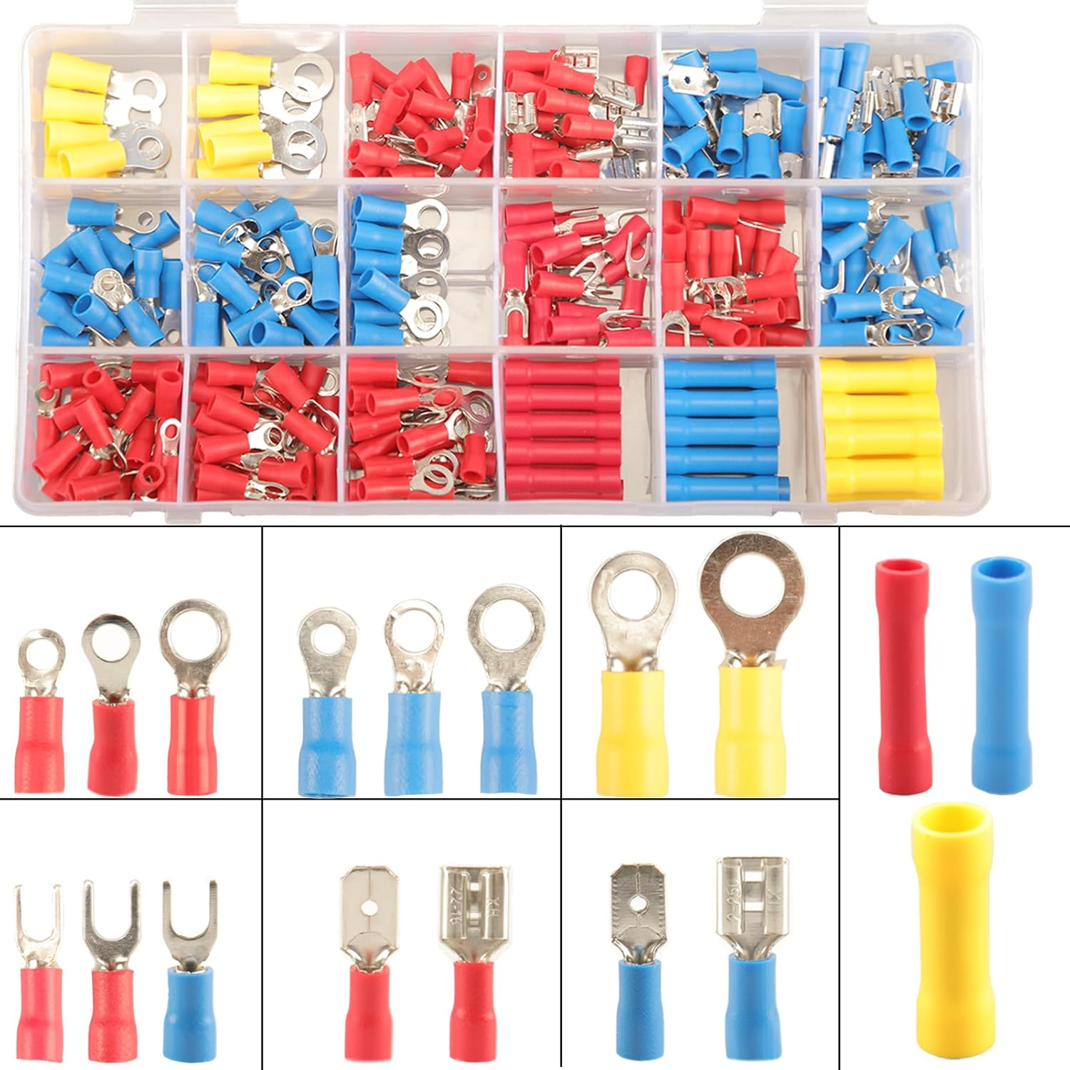 300Pcs 18 Types Crimp Connectors, Ring Spade Fork Butt Wire Connectors Kit, 6.3Mm Male and Female Spade Connector Kit, Quick Disconnect Crimp Terminals Connectors, Terminals