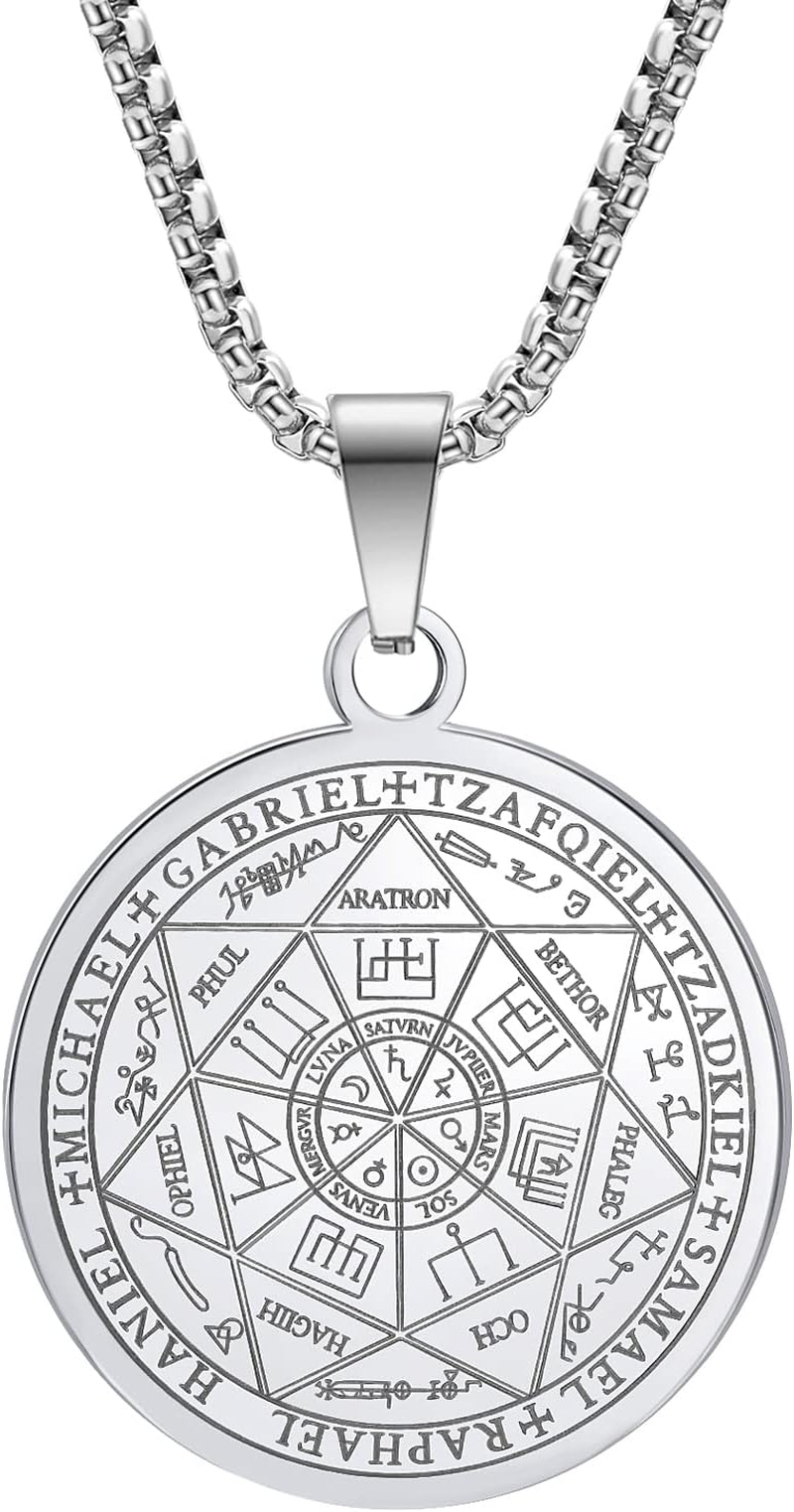 Seven Archangels Pendant Necklace for Men Women Protection Amulet Archangel Michael Coin Pendant Necklace Gabriel Uriel Spiritual Stainless Steel Medal Necklace 24 Inches