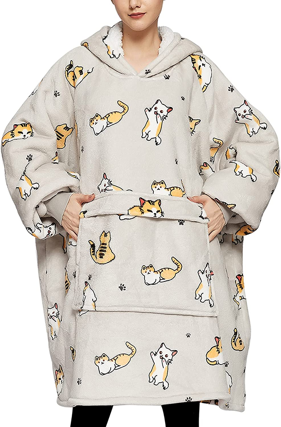 Wearable Blanket Hoodie for Adults Sherpa All Patterns Cat Oversized Sweatshirt Blanket with Pockets for Women