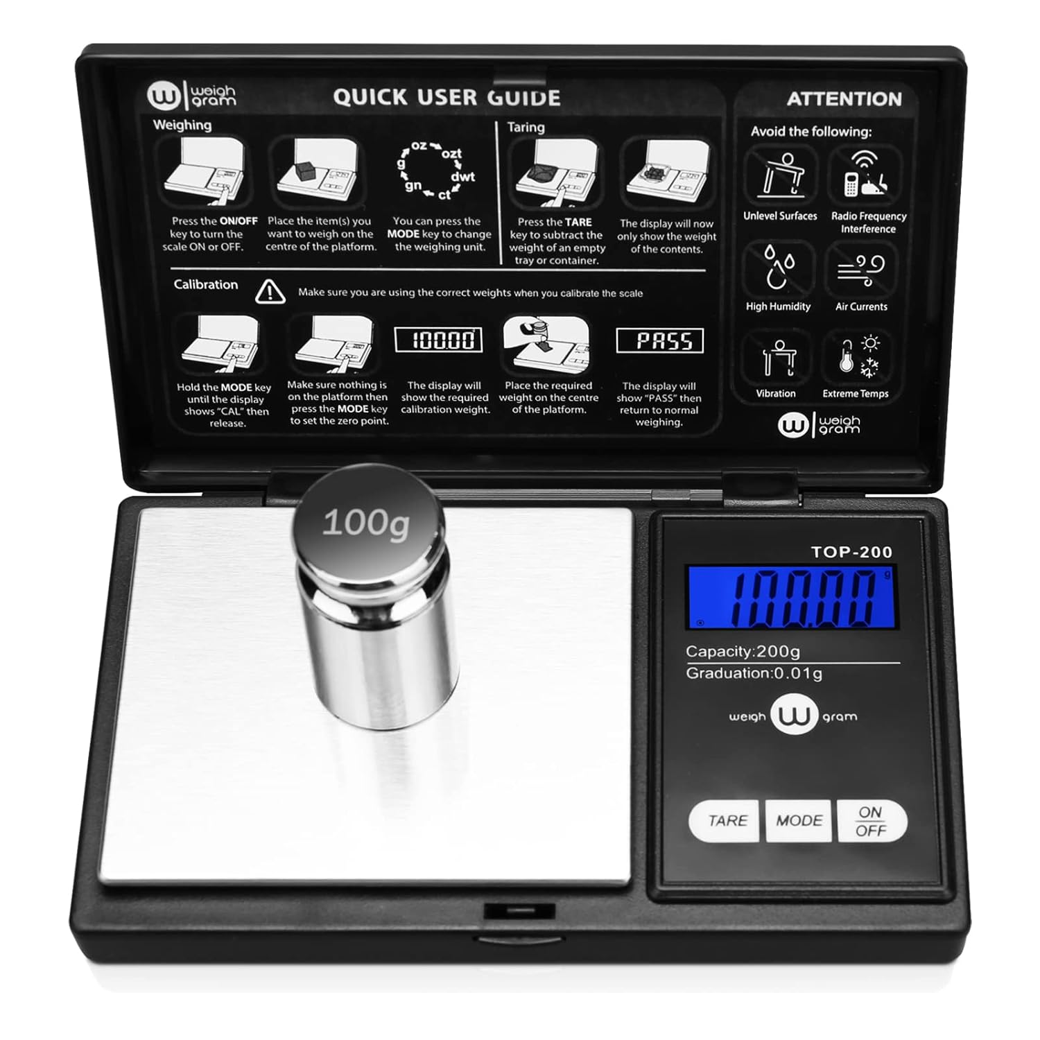 Weigh Gram 200G Digital Pocket Gram Scale 0.01G Accuracy, 200G X 0.01G Mini Digital Grams Scale, Small Food Scale, Jewelry Scale, Ounces Grains Scale With100G Calibration Weight