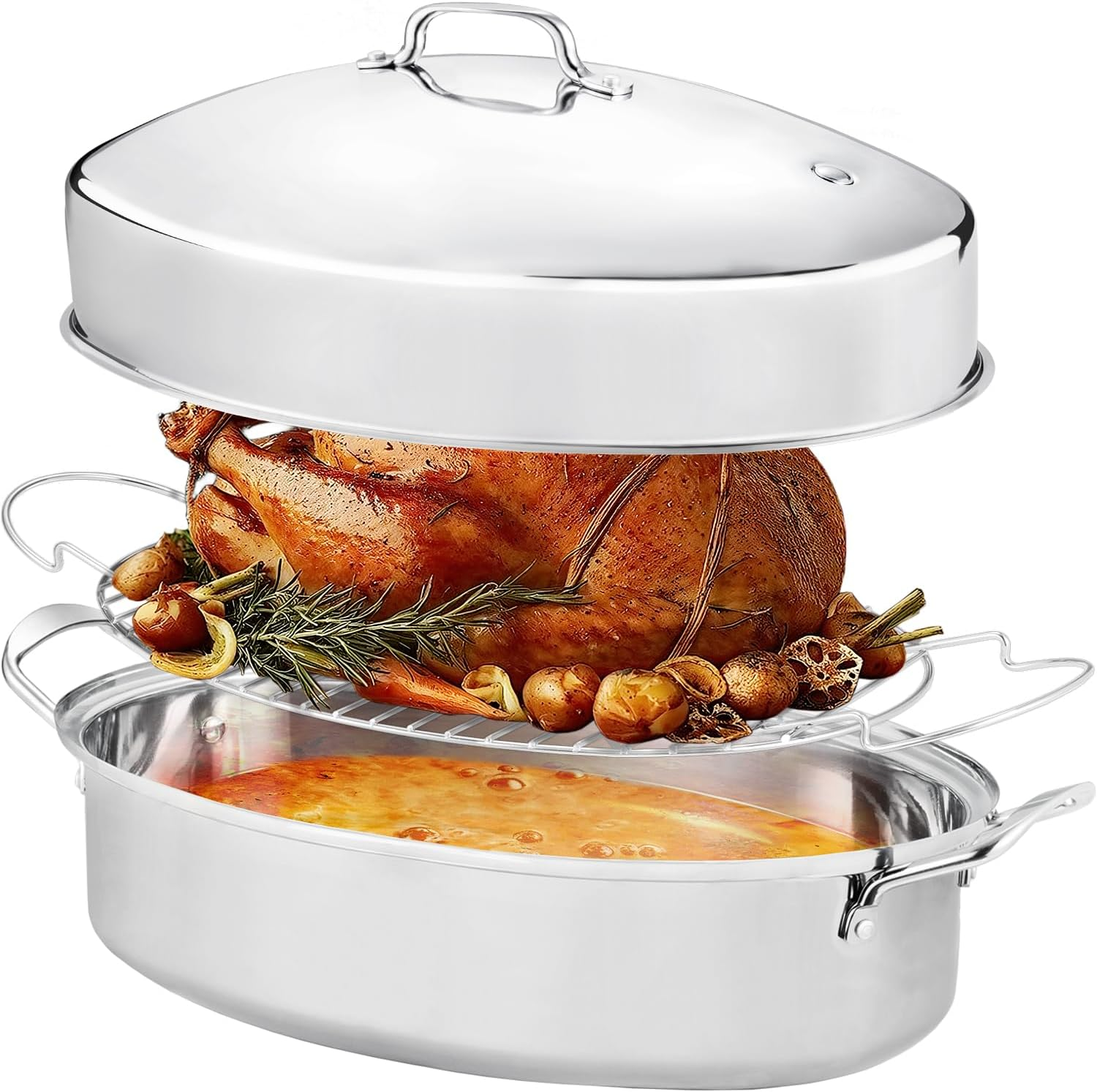 Roasting Pan with Rack and Lid,Oval Stainless Steel Turkey Roasting Pan,22Inch(With Handle), Dishwasher Safe Bakeware for Turkey,Roasted Chicken,Beef or Veggies,By