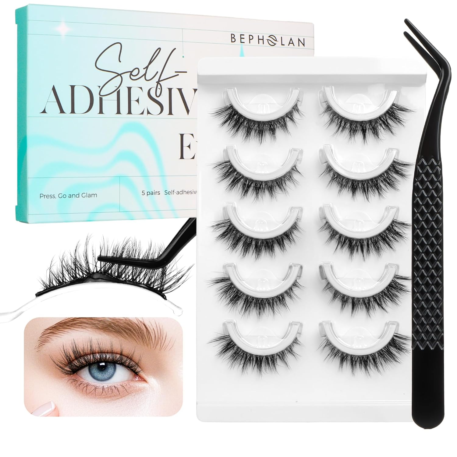 Self Adhesive Eyelashes Natural Look, Pre Glued No Glue Needed Reusable Press