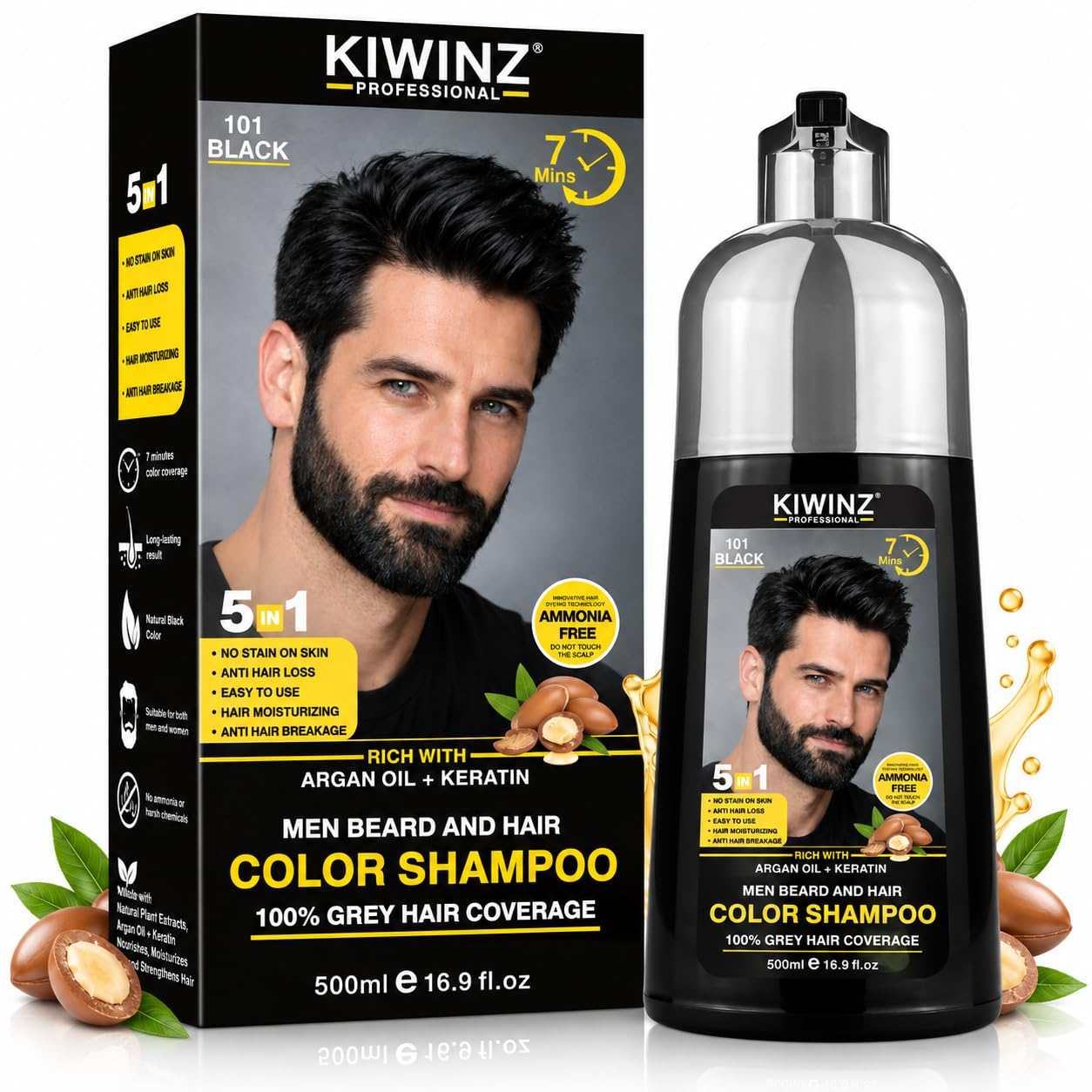 Kiwinz Professional Black Hair Color Shampoo for Men – 5 in 1 Hair Dye Shampo...