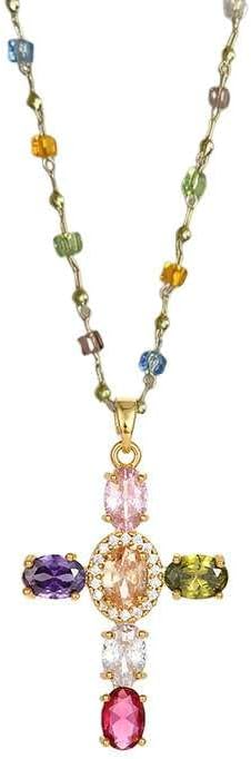 Rainbow Cross Pendant Necklace Colorful Shiny Rhinestones Charm Necklace Dainty Faith Cross Pendant Necklace Faith Christian Costume Accessories Jewelry for Women