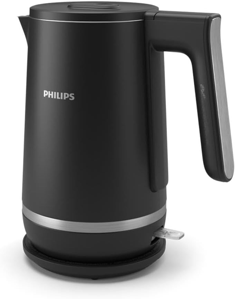Philips Series 5000 Double Walled Kettle - Family-Sized 1.7L Capacity, Stainless Steel, Boil Dry Protection, Safe-To-Touch Exterior, Black (HD9395/90)