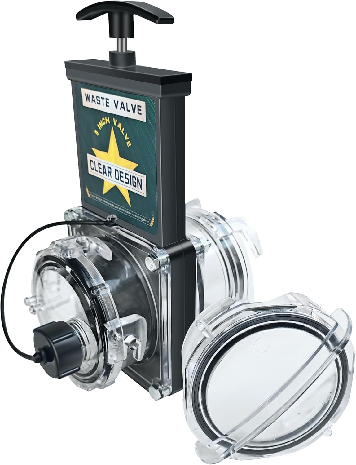3-Inch Waste Valve Sewer Gate with Two Clear Caps for RV, Camper, Trailer