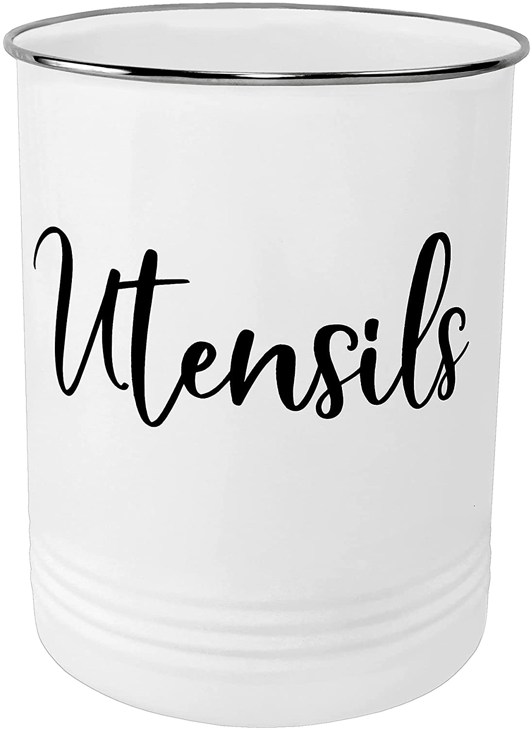 Vintage Farmhouse Utensil Holder - Stylish Countertop Organizer and Kitchen Decor Caddy - Stainless Steel Rim - White